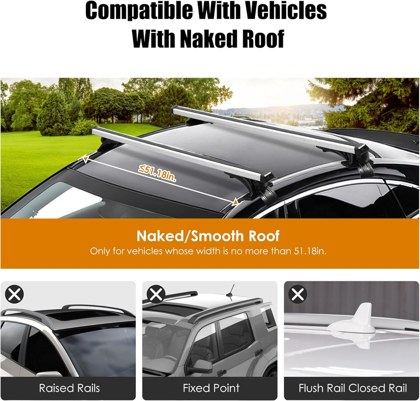48" Universal Roof Rack Cross Bars, Upgraded Aluminum Lockable Crossbars with Extendable Window Frame & Dual Security Keys. 165lbs Max Load for Bare Roof Cars/Trucks/SUVs