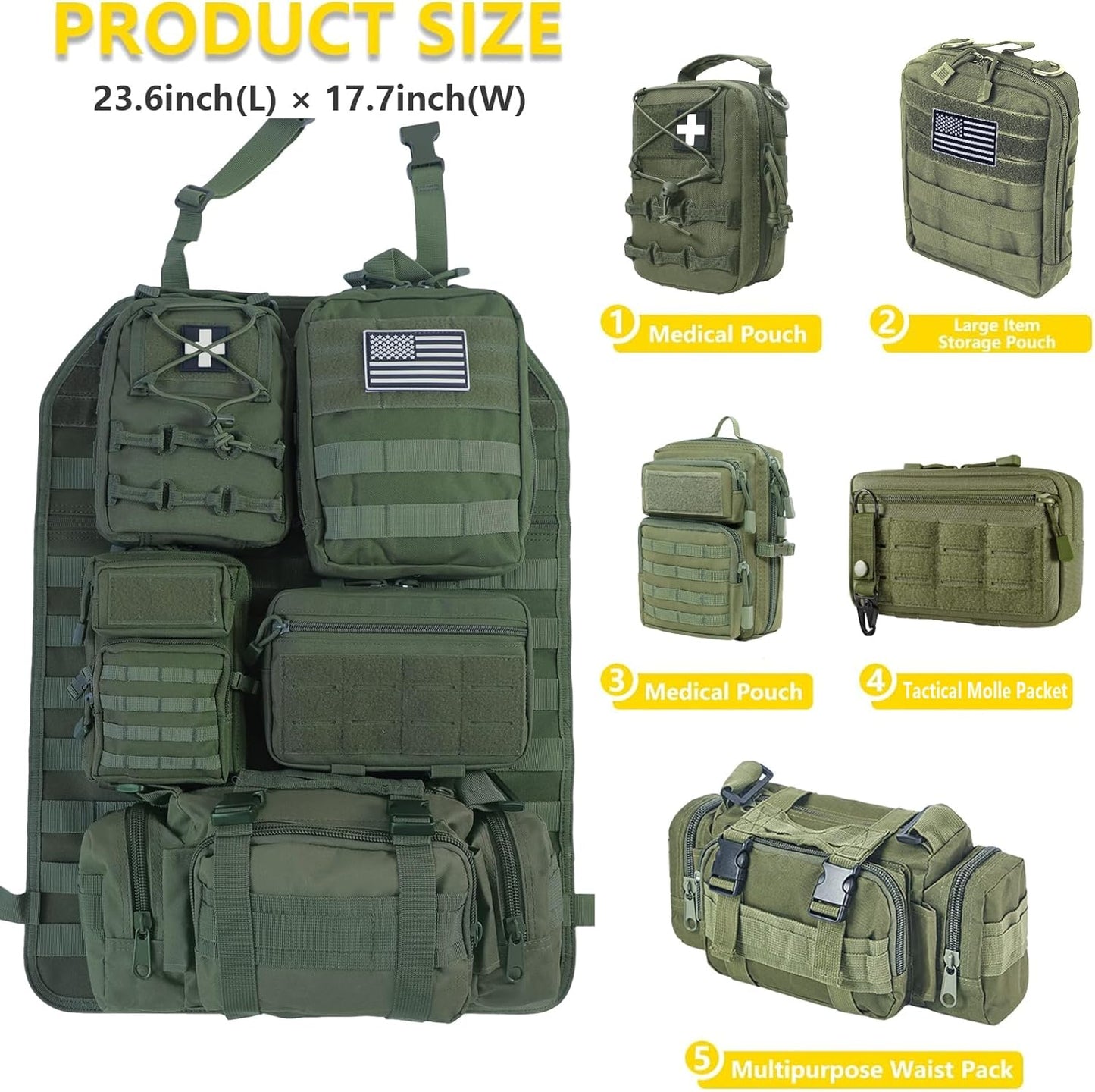 Universal Tactical Seat Back Organizer Vehicle Molle Panel Organizer Storage Bag with 5 Detachable Molle Pouch for All Vehicel Such as Jeep,Truck,SUV, Car, Ford,Chevy etc