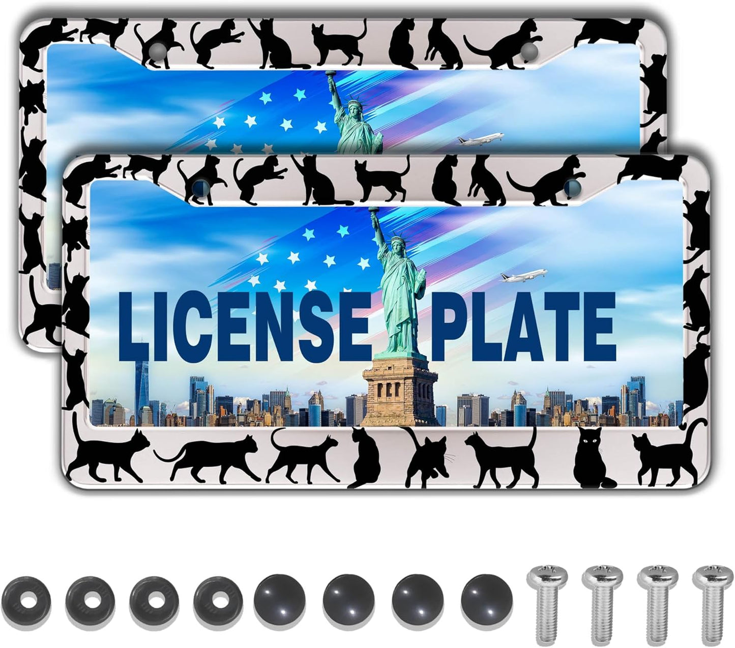License Plate Frames for Women Black and White License Plate Frame for Men Black Cat Aluminum Metal Car Accessory 2 Pack with Screw Covers Set