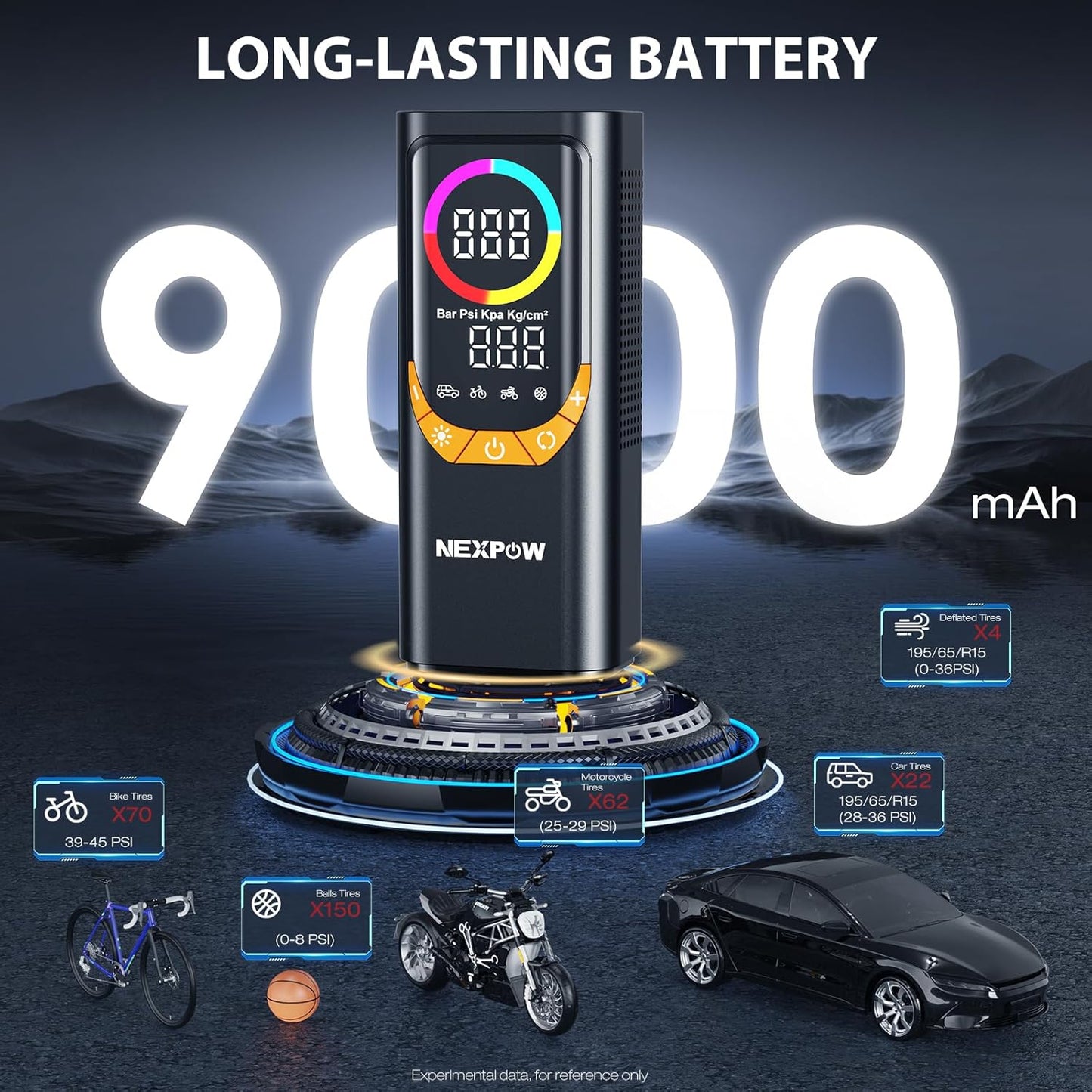 NEXPOW NP17 Portable Air Compressor, 150 PSI Digital Tire Inflator, Fast Inflation with Auto Shut-Off, LED Light, Multiple Nozzles for Car, Bike, and Ball, Compact Design, Yellow