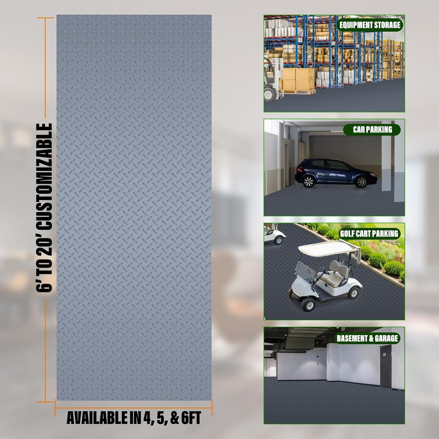 SEAL 5 x 20 Ft Premium Garage Floor Mat, Solid 2.8mm Thick Gray Commercial Grade Heavy Duty Parking Mat for Garage Floor, Golf Cart Parking, Water/Stain Resistant Floor Runner (Embossed Diamond Plate)