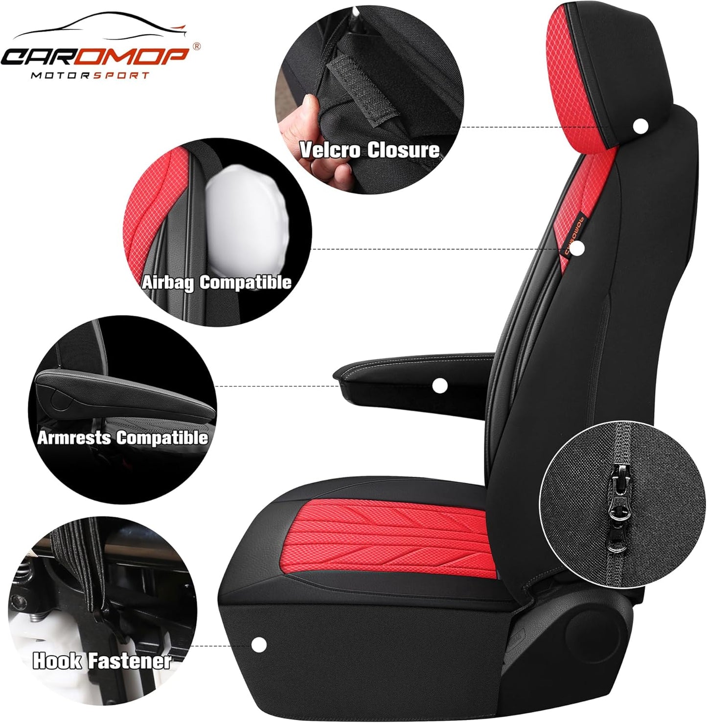 CAROMOP Luxury Faux Leather&Fabric Car Seat Covers 2 Front Seats with Breathable 3D Foam Back Support, Universal Seat Covers for Cars,Trucks,SUVs, Front Armrests Compatible(Black/Red)