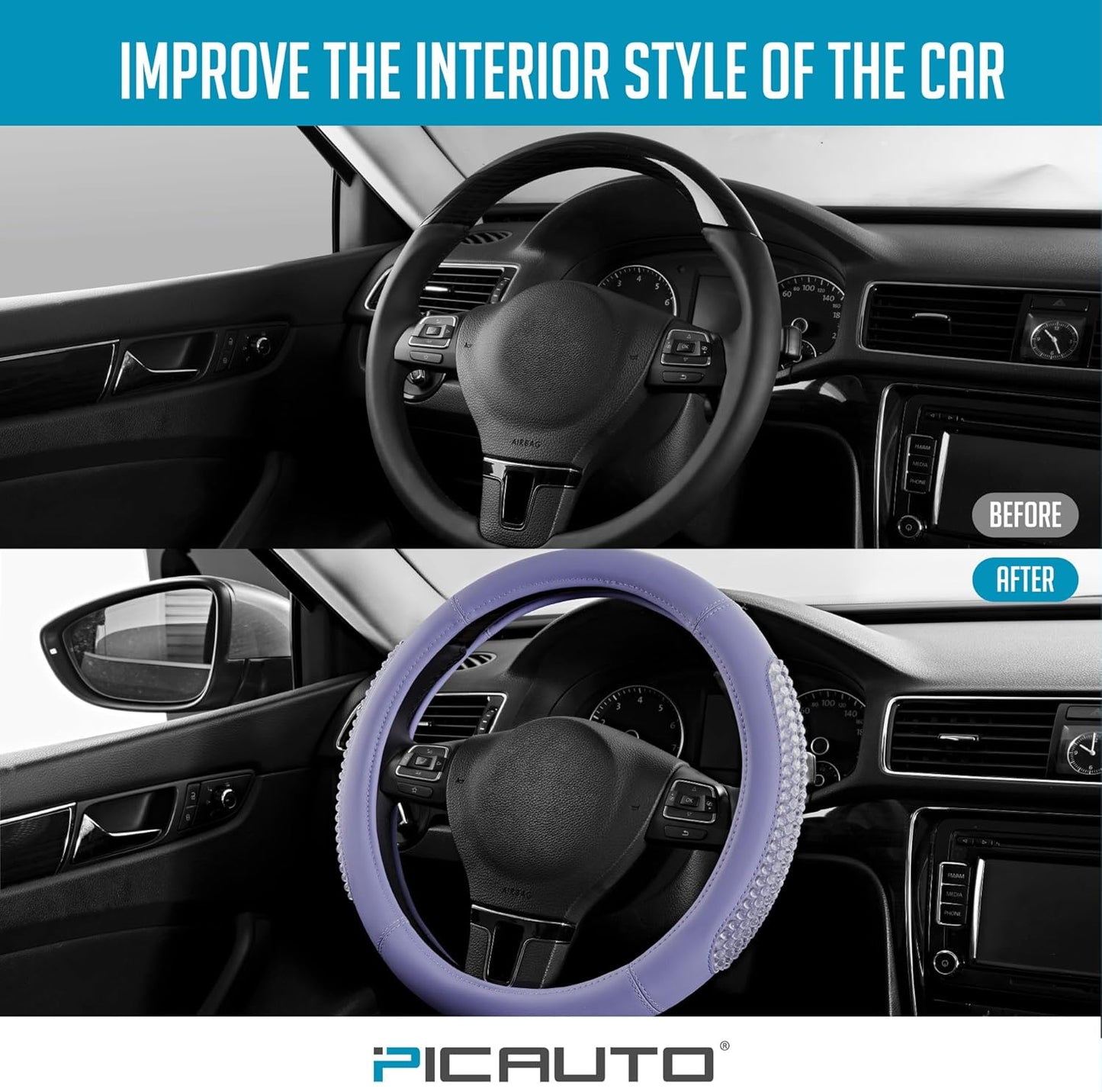 PIC AUTO Gel Particles Steering Wheel Cover, Purple Luxury Leather Car Steering Wheel Protector, Universal Fit 14.5"-15.5" Anti-Slip Car Interior Accessories for Girls & Women