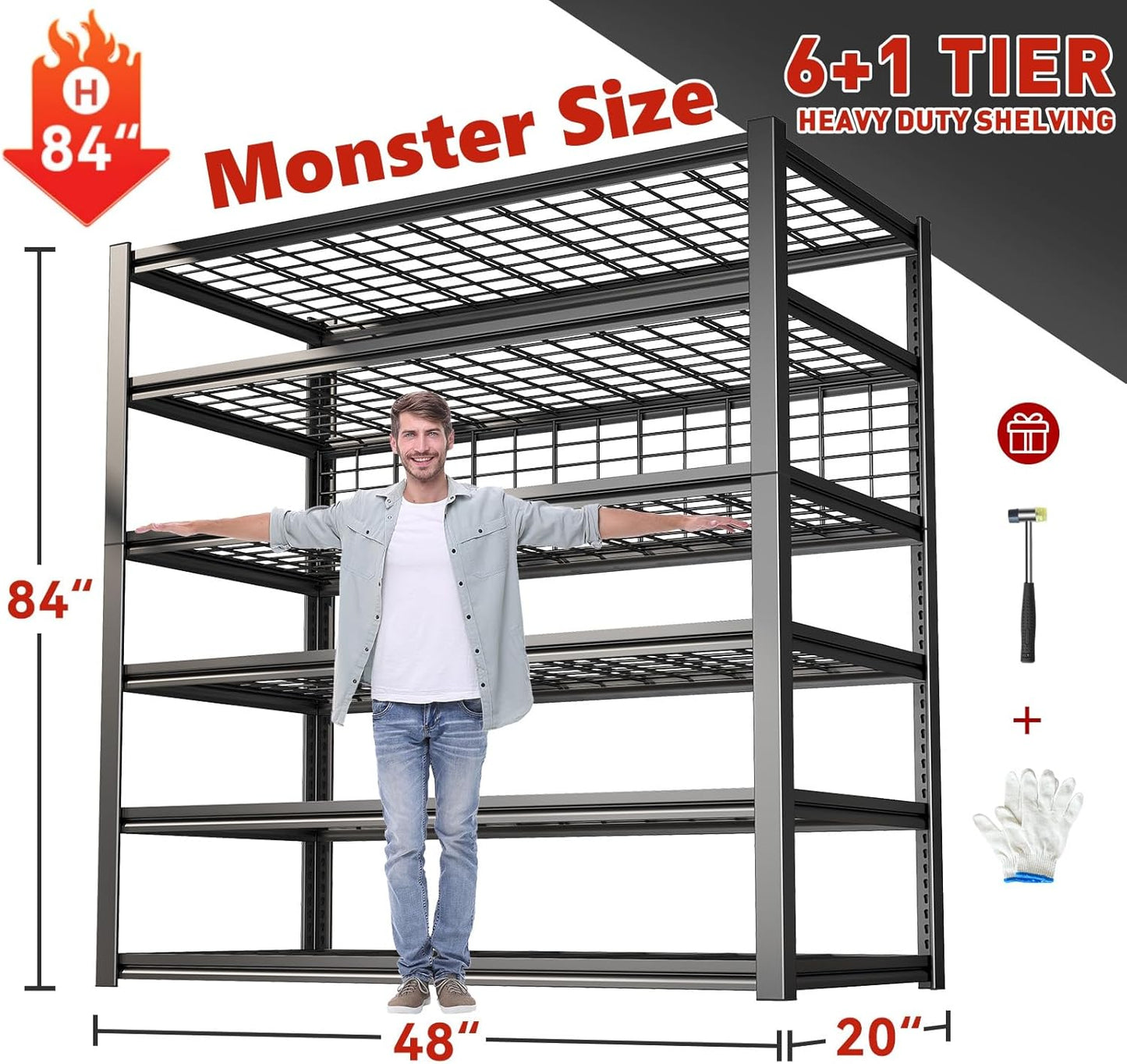 REIBII 84" H Garage Shelving, 6-Tier Storage Shelves Heavy Duty Loads 3500LBS, 48" W Adjustable Garage Shelves, Metal Shelving for Basement, Warehouse, 84" H x 48" W x 20" D, 4PC