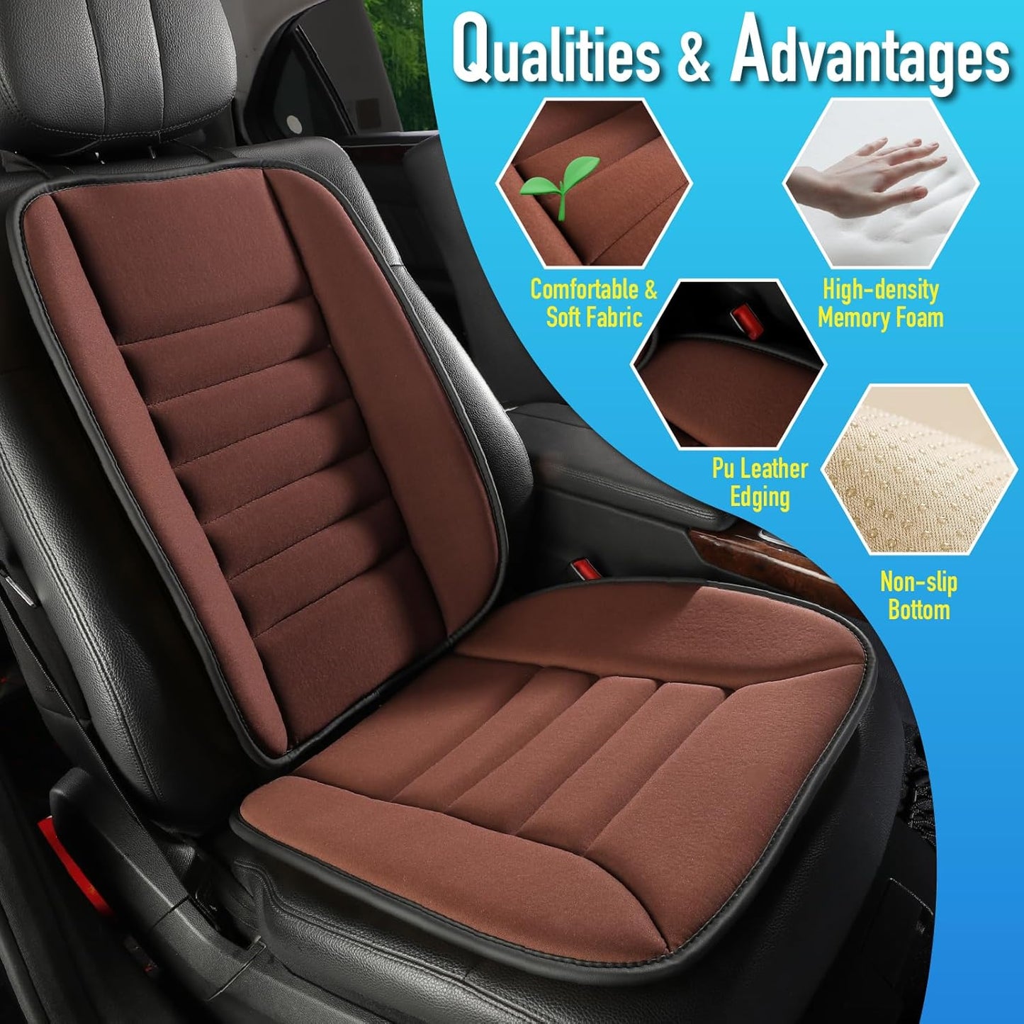 Car Seat Cushion with Back Support Pillow, Comfy Lumbar Support & Seat Cushion, Memory Foam Driving Pillow for Back-Sciatica Pain Relief, Auto Pad Suitable for Car, Truck, SUV - Brown