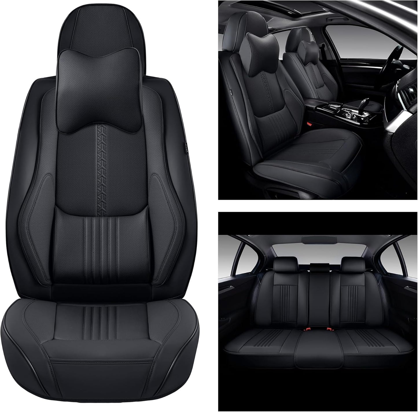 Car Seat Covers Full Set, Front and Rear Seat Covers for Cars, Waterproof Leather Auto Seat Protectors with Head Pillow, Car Seat Cushions Fit for Most Sedans SUV Pick-up Truck, Black