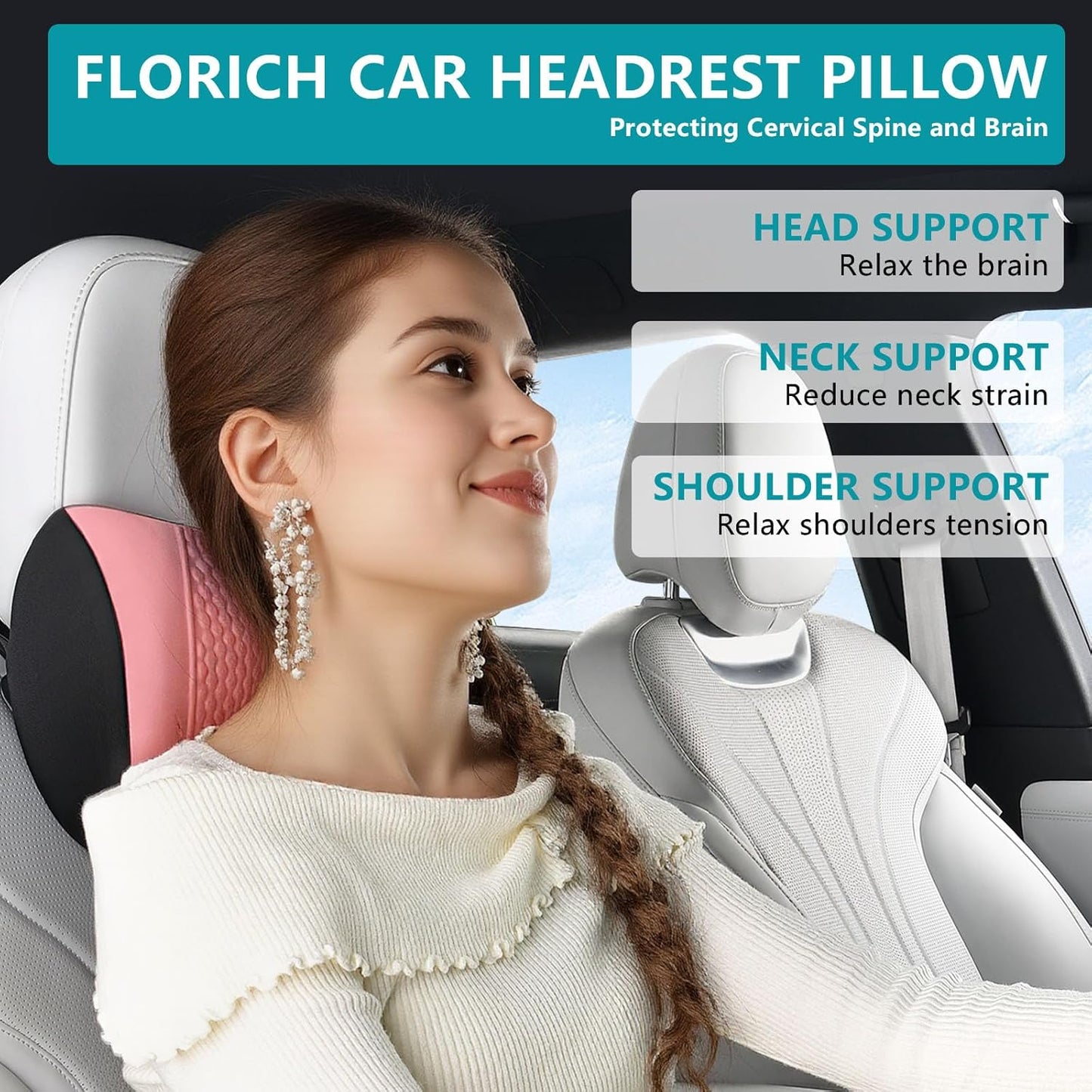 FLORICH 3 PCS Seat Cushion for Carseat Lumbar Support Pillow Car Neck Headrest Pillows Memory Foam Seat Pads Pressure Relief Back Cushion for Office Chair(Pink)
