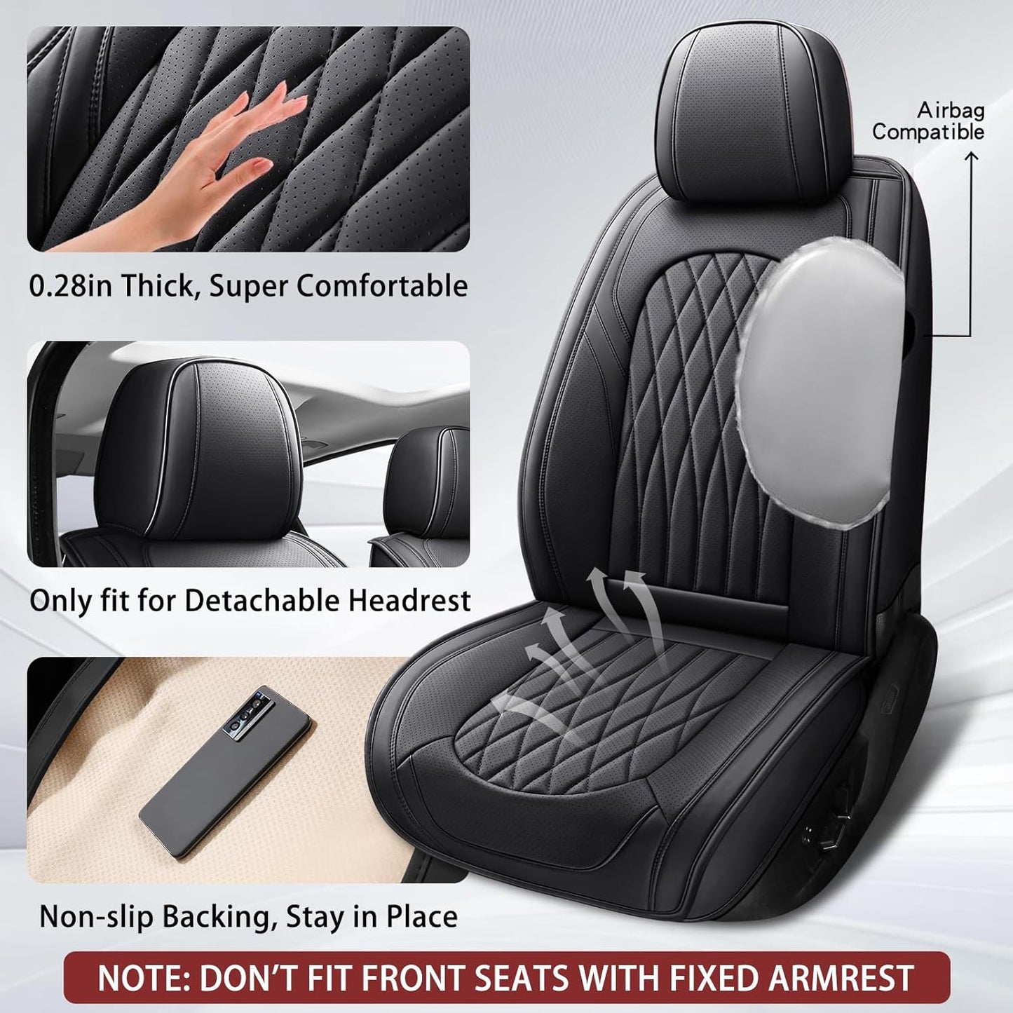 WELLDO Car Seat Covers Full Set, Leather Seat Covers for Cars, Car Seat Protector Waterproof, Non-Slip Car Interior Covers Full Set Universal Automotive Seat Covers for Most Cars SUVs, Black