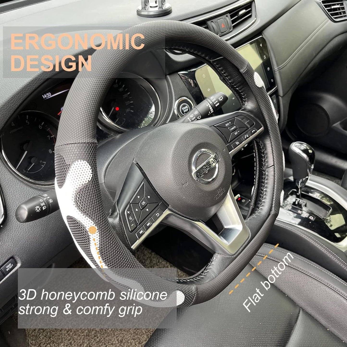 PINCTROT D Shaped Comfy Grip Steering Wheel Cover, Anti-Slip Design, Flat Bottom 14.5-15 Inch(Silicone White)