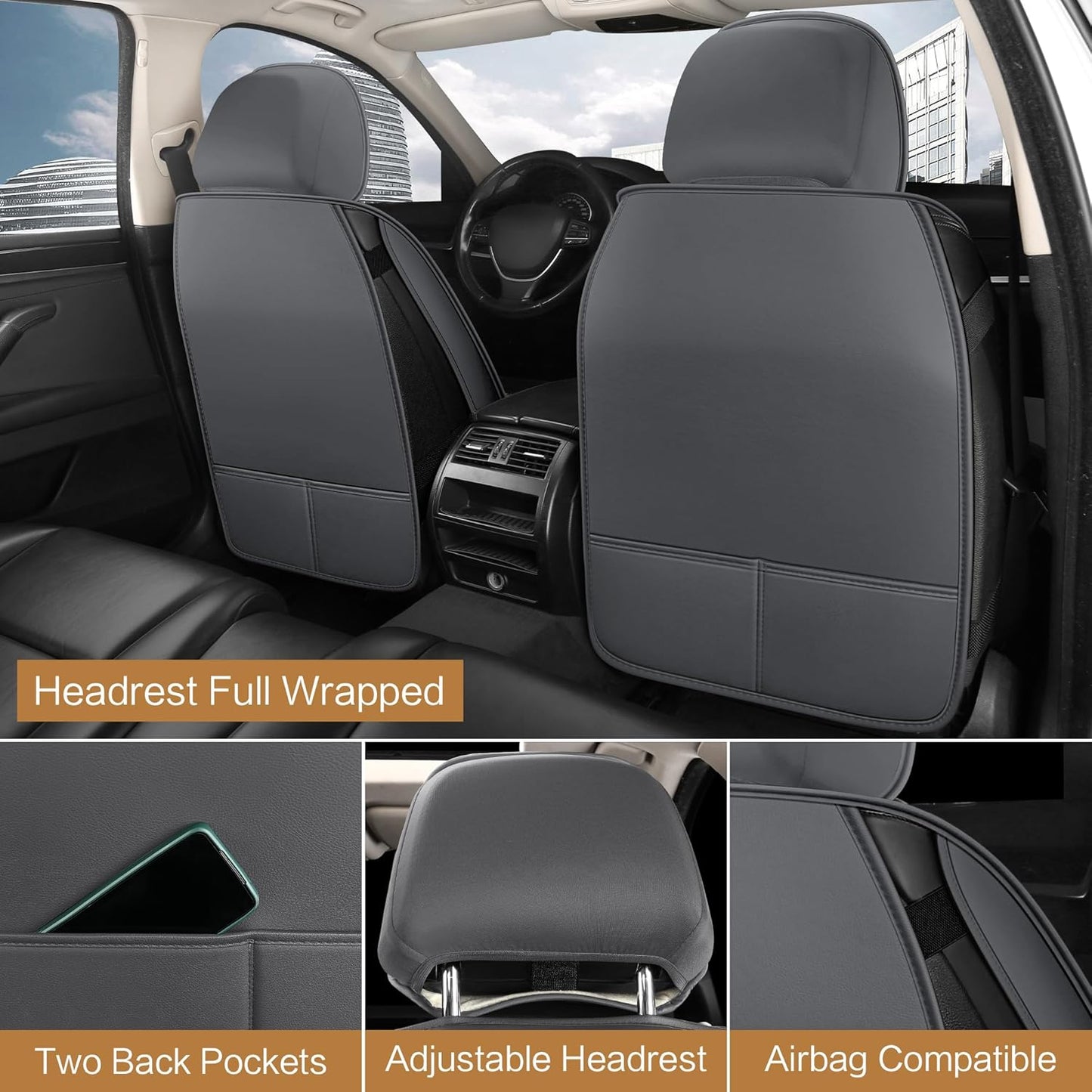 Pariitadin Leather Car Seat Covers Full Set, Waterproof Breathable Faux Leather Automotive Seat Covers for Cars, Non-Slip Car Interior Covers Universal Fit Most Cars Sedans Trucks SUVs, Gray