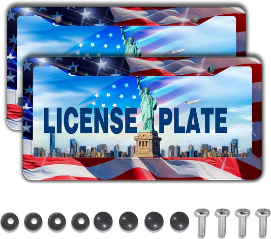 License Plate Frames for Men Multicolor Car Plate Frame for Women American Flag Aluminum Metal Car Accessory 2 Pack with Screw Covers Set