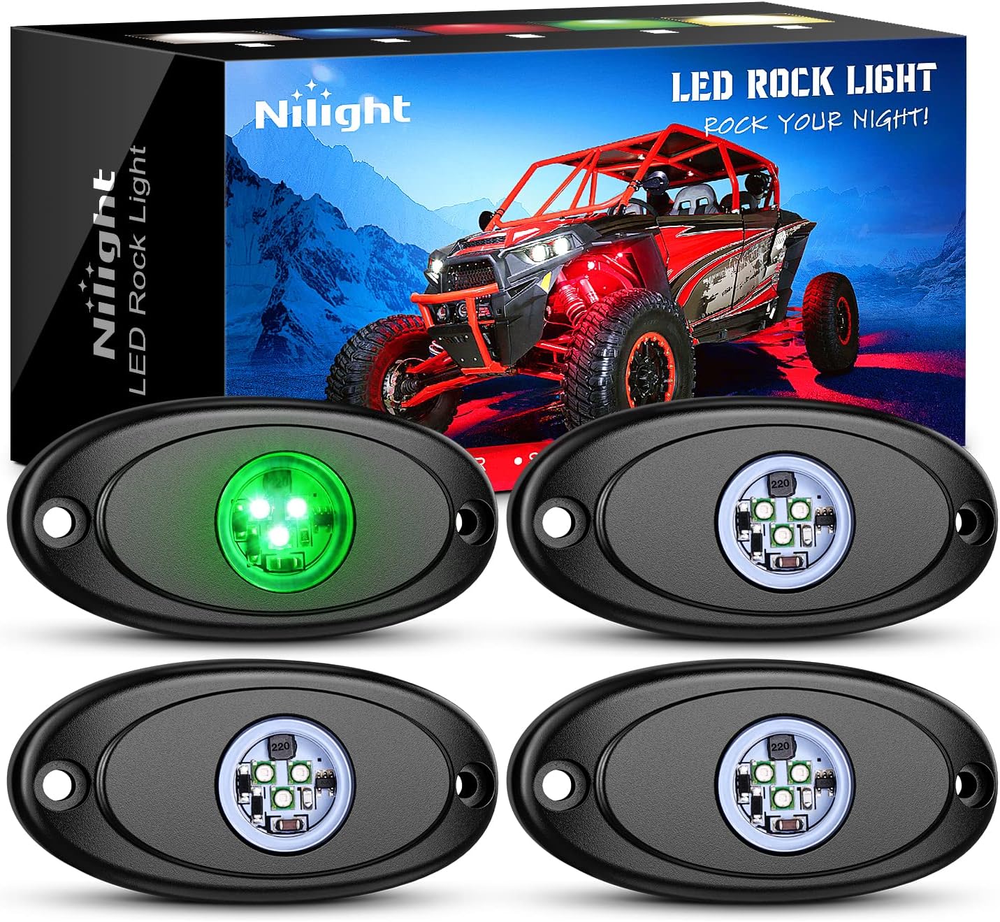 Nilight LED Rock Light Pods Waterproof Under Body Wheel Well Light Exterior Interior Lights for Car Truck Pickups ATV UTV SUV Motorcycle Boat, 4PCS Green