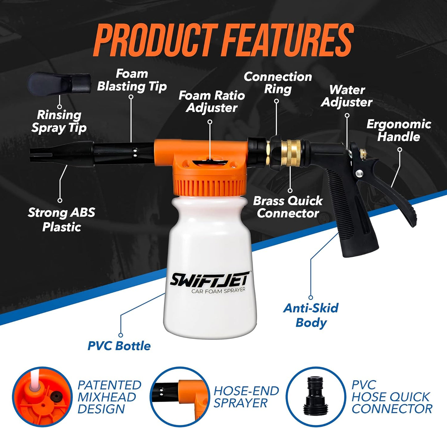 SwiftJet Car Wash Foam Gun + Microfiber Wash Mitt - Car Foam Sprayer - Car Wash Kit - Foam Cannon Garden Hose Sprayer - - Car Accessories for Men - Snow Foam Blaster (Orange Foam Gun with Mitt)