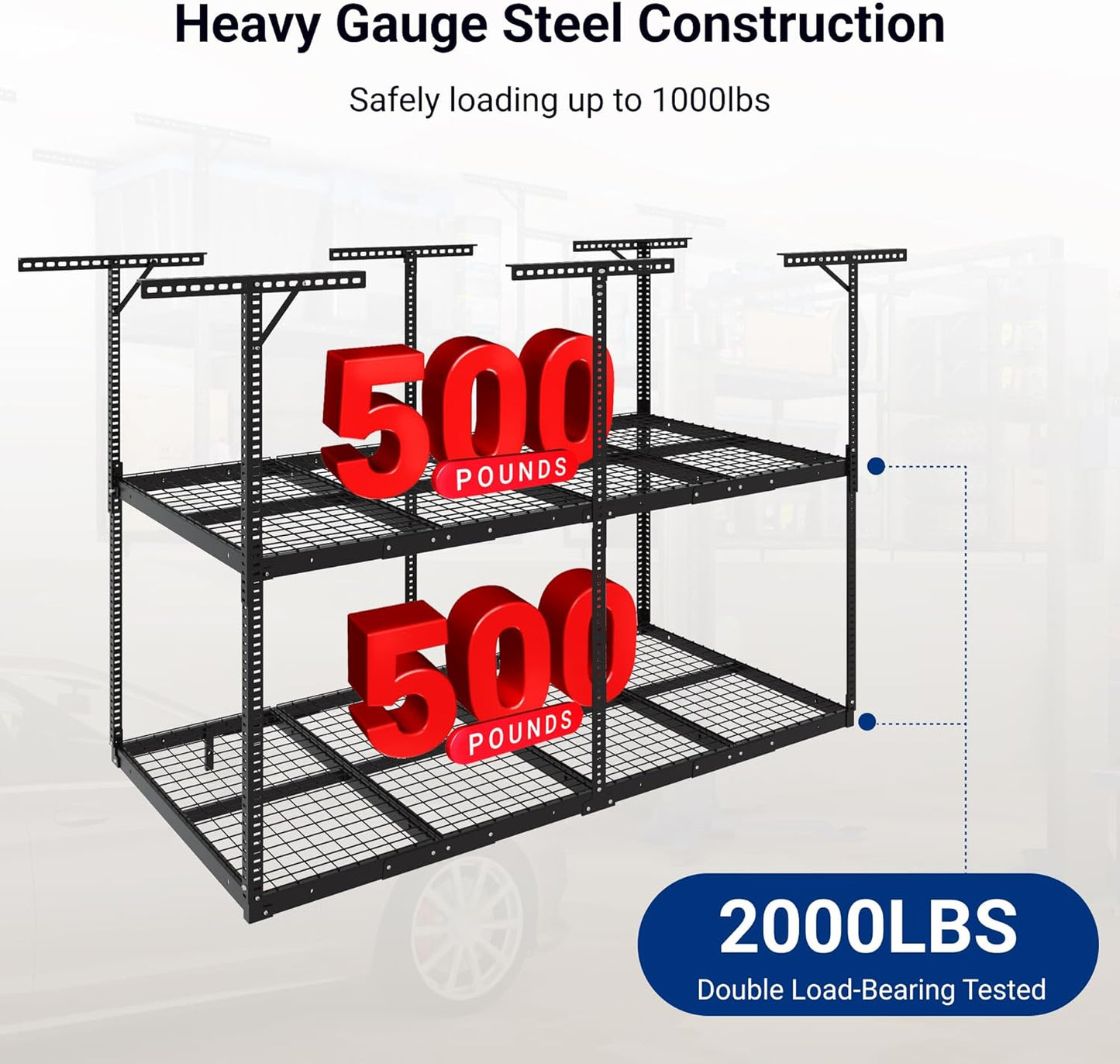 FLEXIMOUNTS 4x8 2-Tier Overhead Garage Storage Rack – Adjustable Heavy Duty Metal Garage Ceiling Storage Racks, 1000 lbs Capacity – Garages Organization System for 10–15 ft Tall Garages, Black