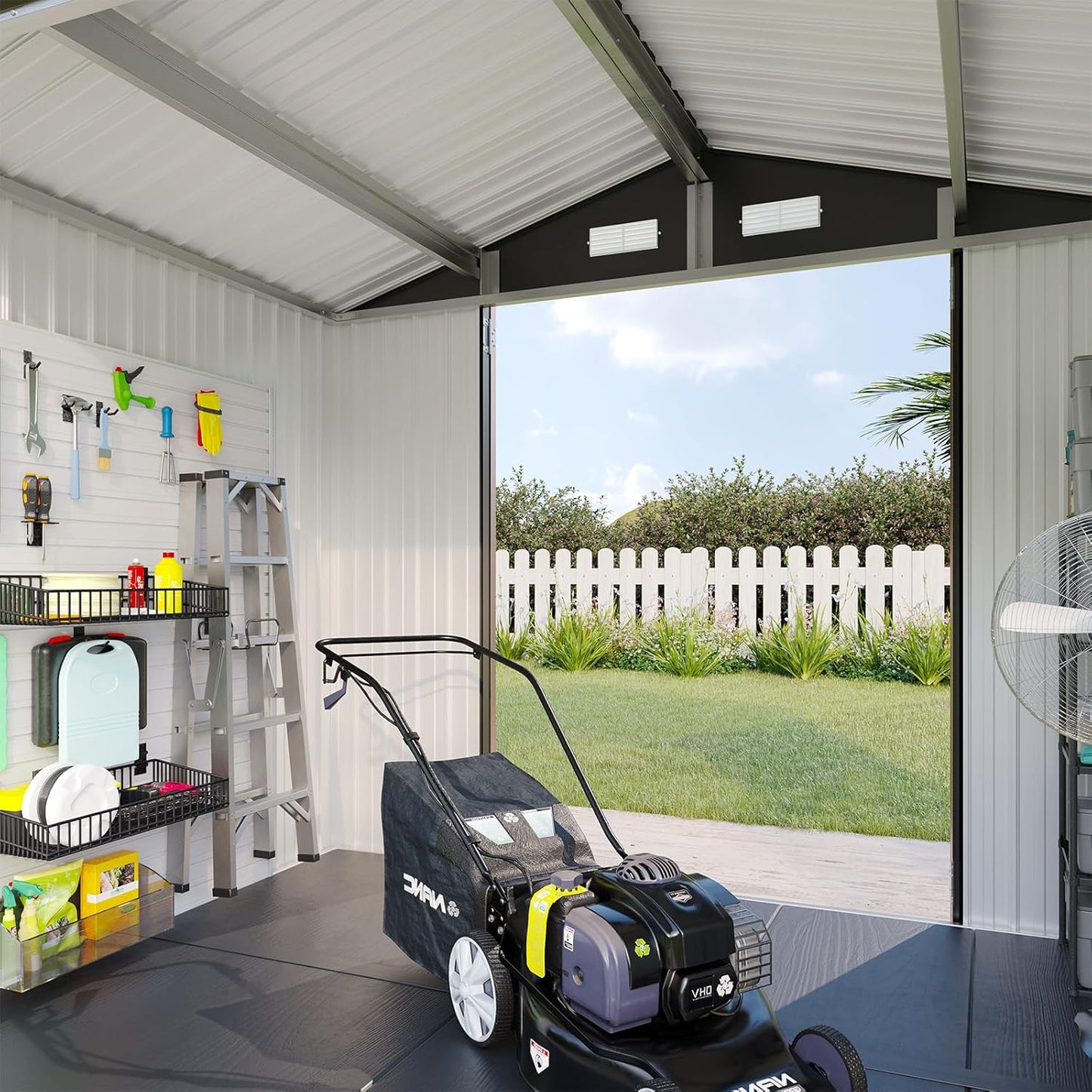 Aoxun 7.4x5.3FT Shed with Floor Galvanized Steel Outdoor Storage Shed Metal Garden Shed with Double Doors, 15mm Moisture-Proof Floor & Ventilation, Sloped Roof for Bike/Generator/Tool Storage (Brown)