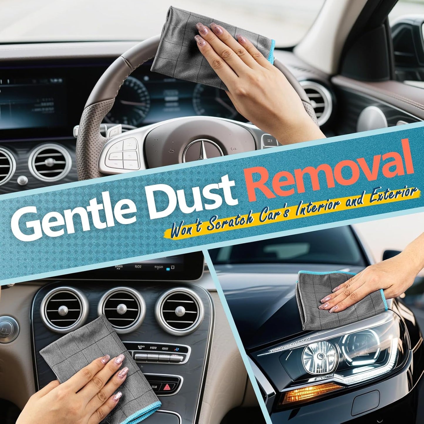 Airlab Carbon Microfiber Towels for Car Glass Window Polishing Cleaning Cloth Auto Detailing Lint Free Streak Free Drying Car Wash Towel, Pack of 3, 12" x 12", Grey-Blue