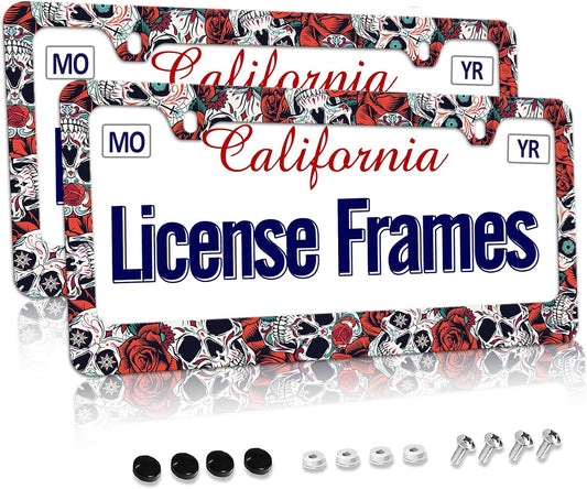 Stainless Steel Sugar Skull License Plate Frame Skull License Plate Holder Sugar Skull Car Accessories Day of The Dead Frame Witchy License Plate Frame for Women 12.3" X 6.3"