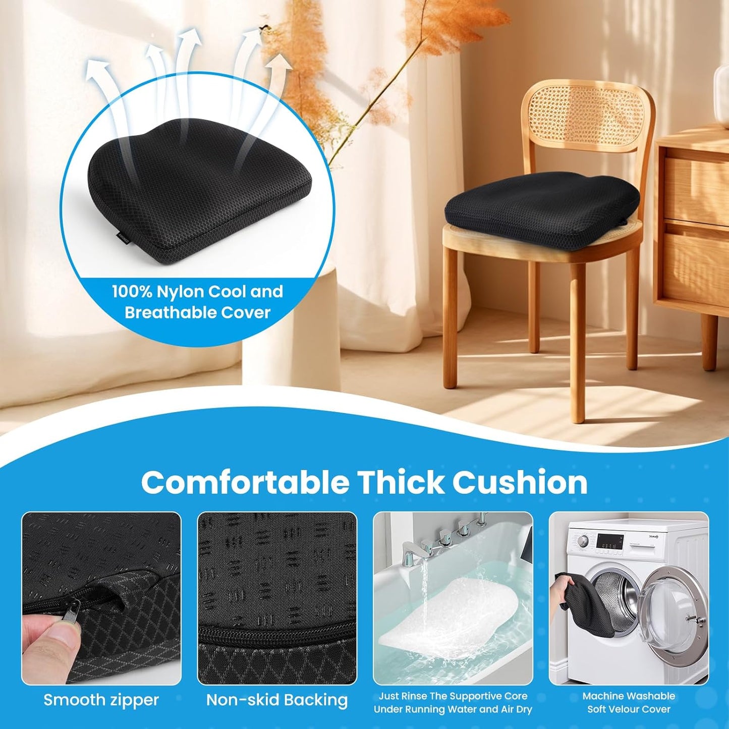 Office Chair Cushion - Breathable Pressure Relief Seat Cushion with Hours Sitting on Gaming/Car/Wheelchair, Extra-Dense Air Fiber for Orthopedic Coccyx, Sciatica & Hip Support (Dark Gray)