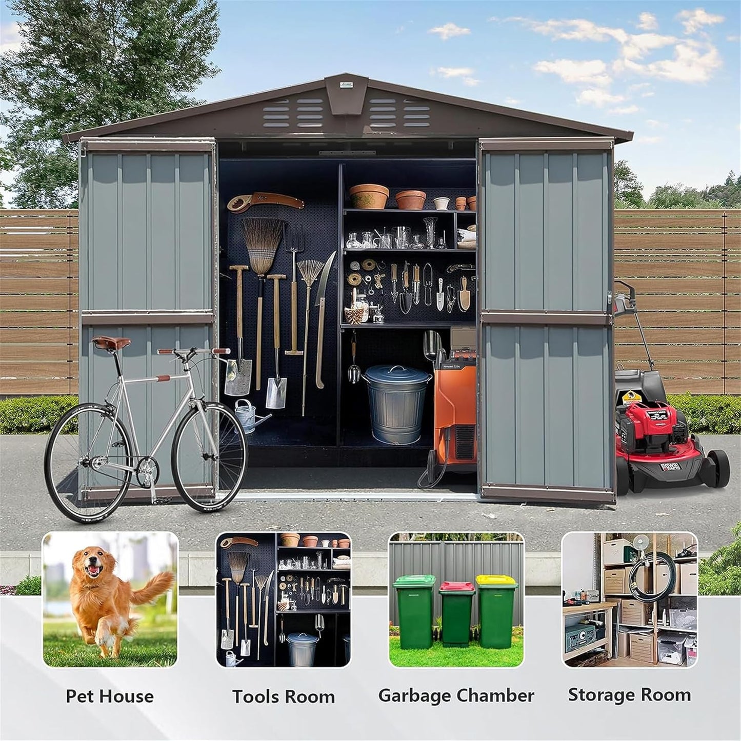 IKERY Metal Storage Shed - 8.2' x 6.2' with Double Lockable Doors and Air Vents, Utility Tool Shed for Backyard, Patio and Garden, Brown