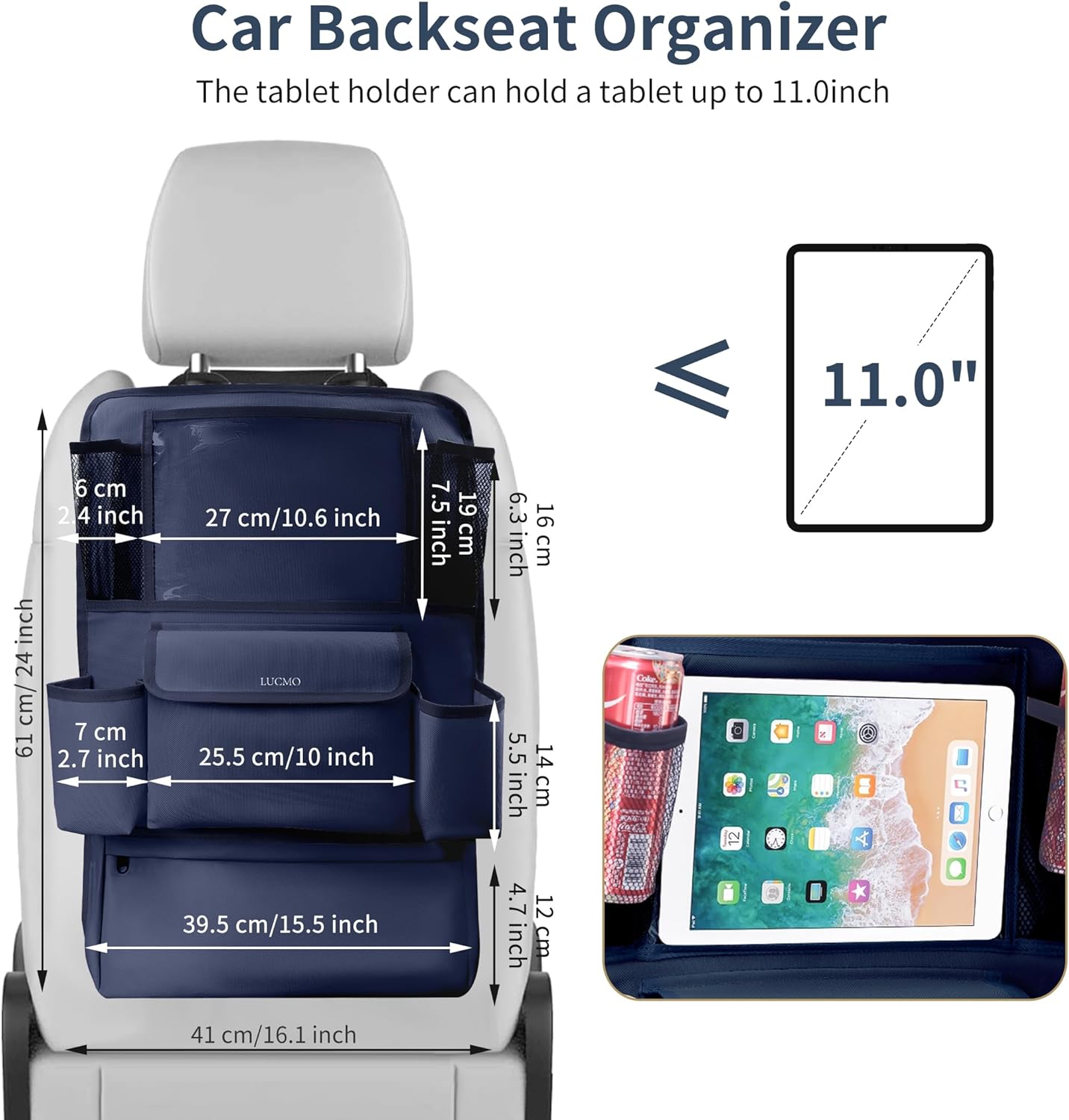 LUCMO Car Backseat Organizer with Touch Screen Tablet Holder,9 Storage Pockets Car Storage Organizer,Protectors Kick Mats Travel Accessories for Kids-Dark Blue