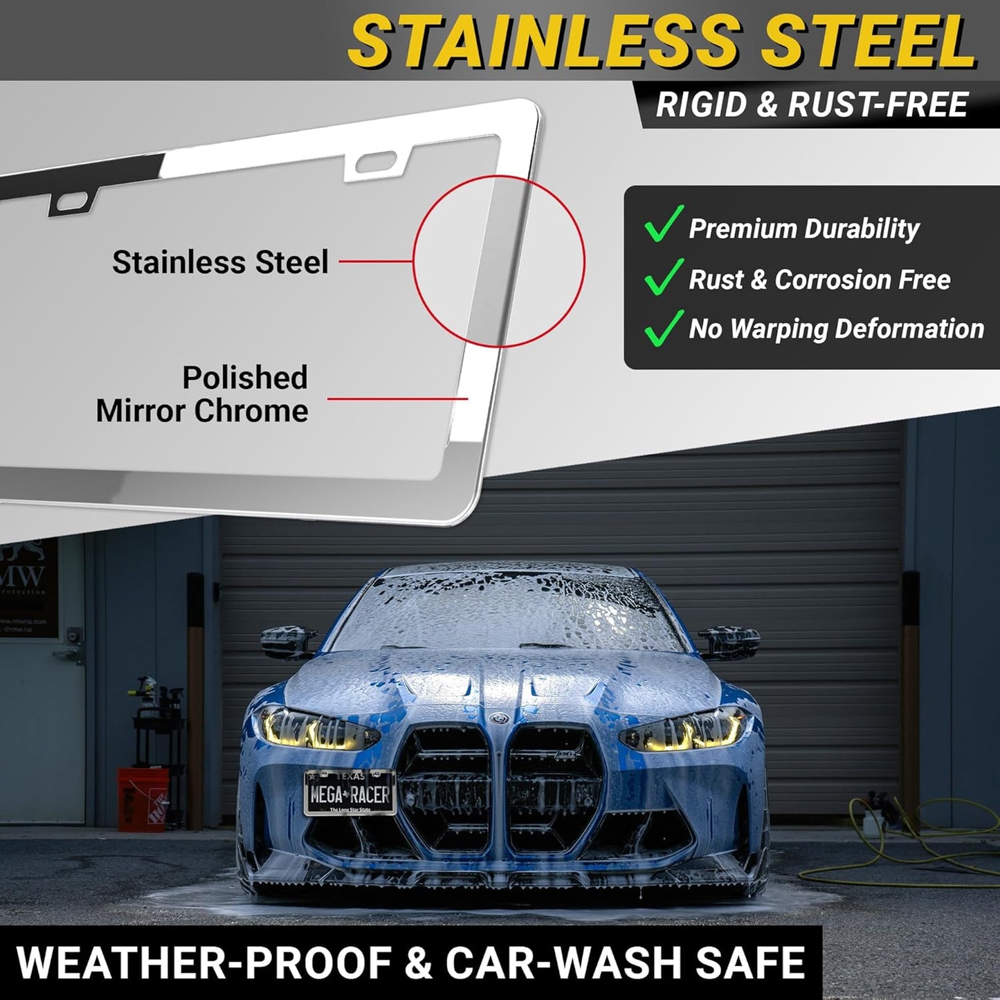 Premium Slim Polished Mirror Chrome License Plate Frame – 1 Pack, Rust-Free Stainless Steel & Rattle-Free, Street Legal Universal Fit with Screw Covers, Thin Silver Metal Front or Rear Car Tag Holder