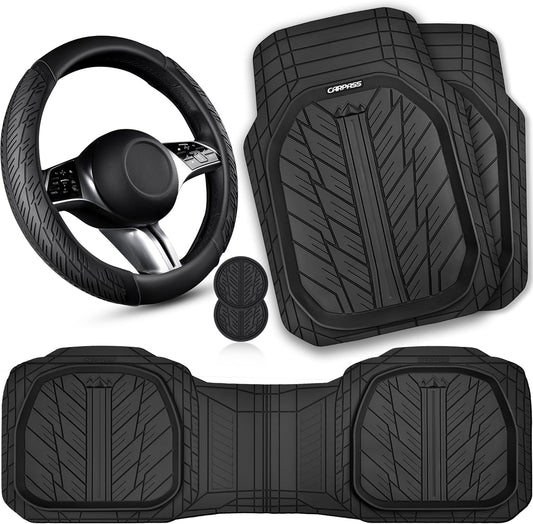 CAR PASS Leather Rubber Steering Wheel Cover 14 1/2” -15”,Tire Tread Pattern Design,Non-Slip Wear-Resistant, Heavy Duty Deep-Dish Car Floor Mats, Trim-to-Fit Car Mat,Fit for Steering Wheel Black
