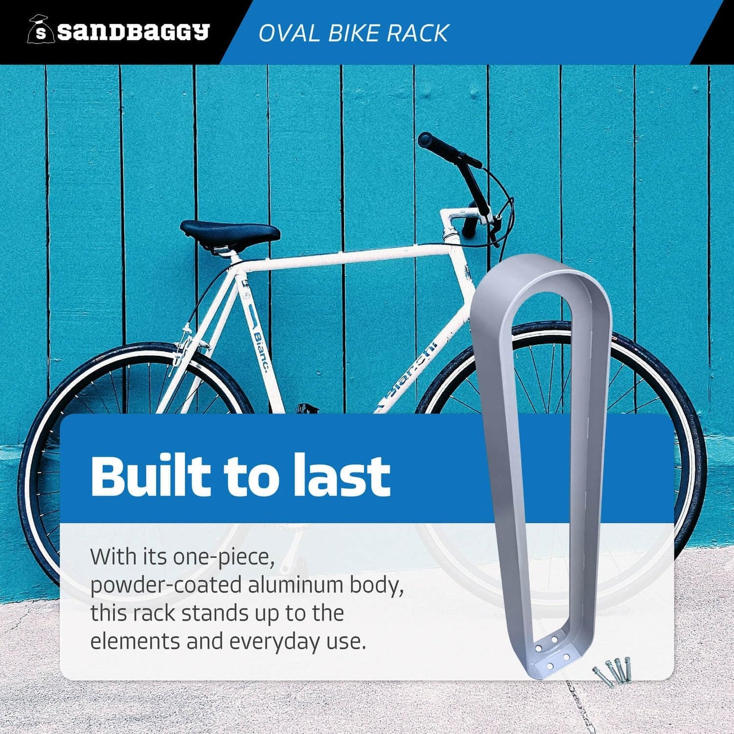Sandbaggy Modern Commercial Bike Rack | 6.5” x 3” x 35” Oval Design | In-Ground | Anchor Bolts Included (Blue, 1)