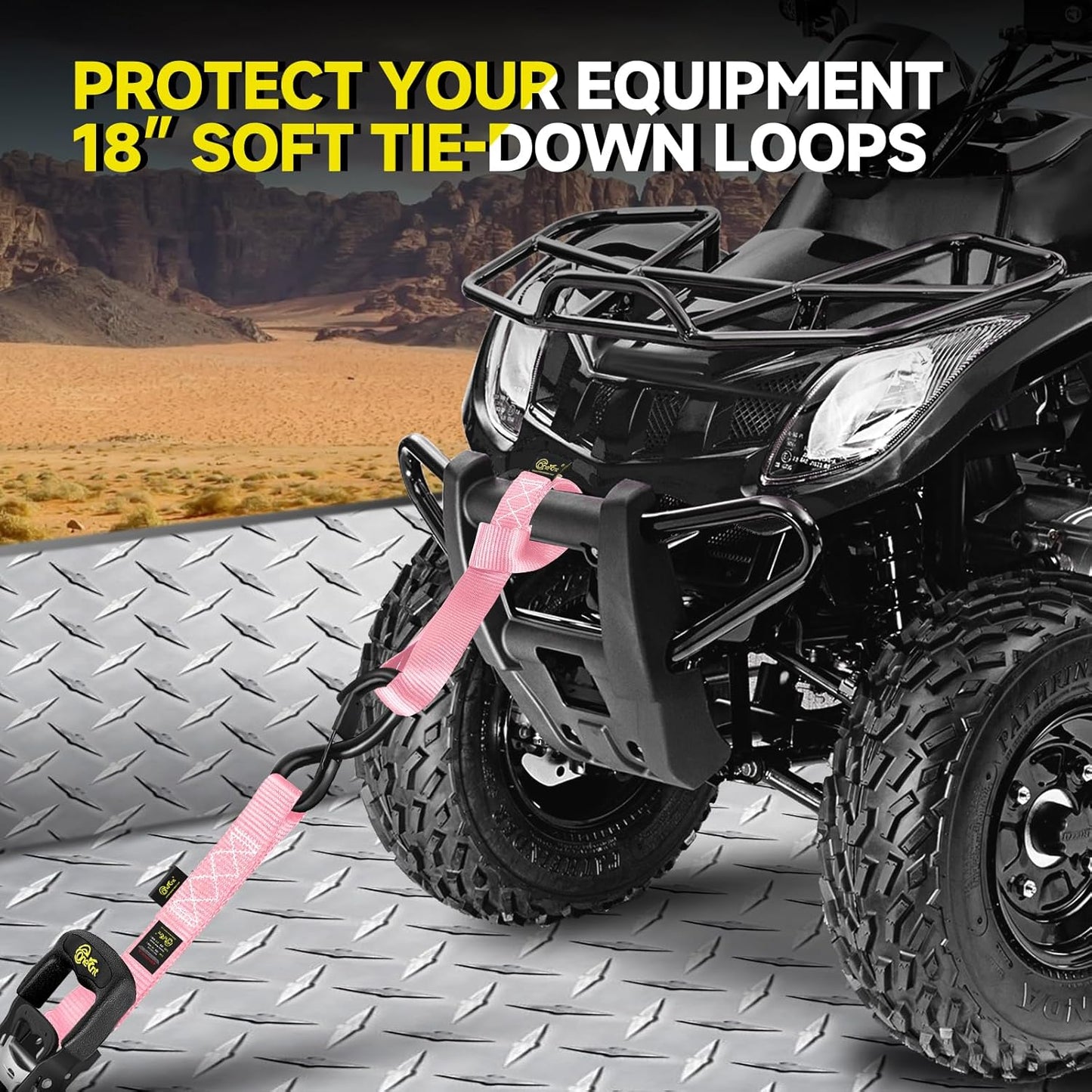 4Pcs Heavy Duty Ratchet Straps-1.6”x16ft Ratchet Strap Tie Down Kit with Padded Handles+Coated S Hooks+Soft Loop Tie-Downs-6000 Pound Break Strength（Pink）