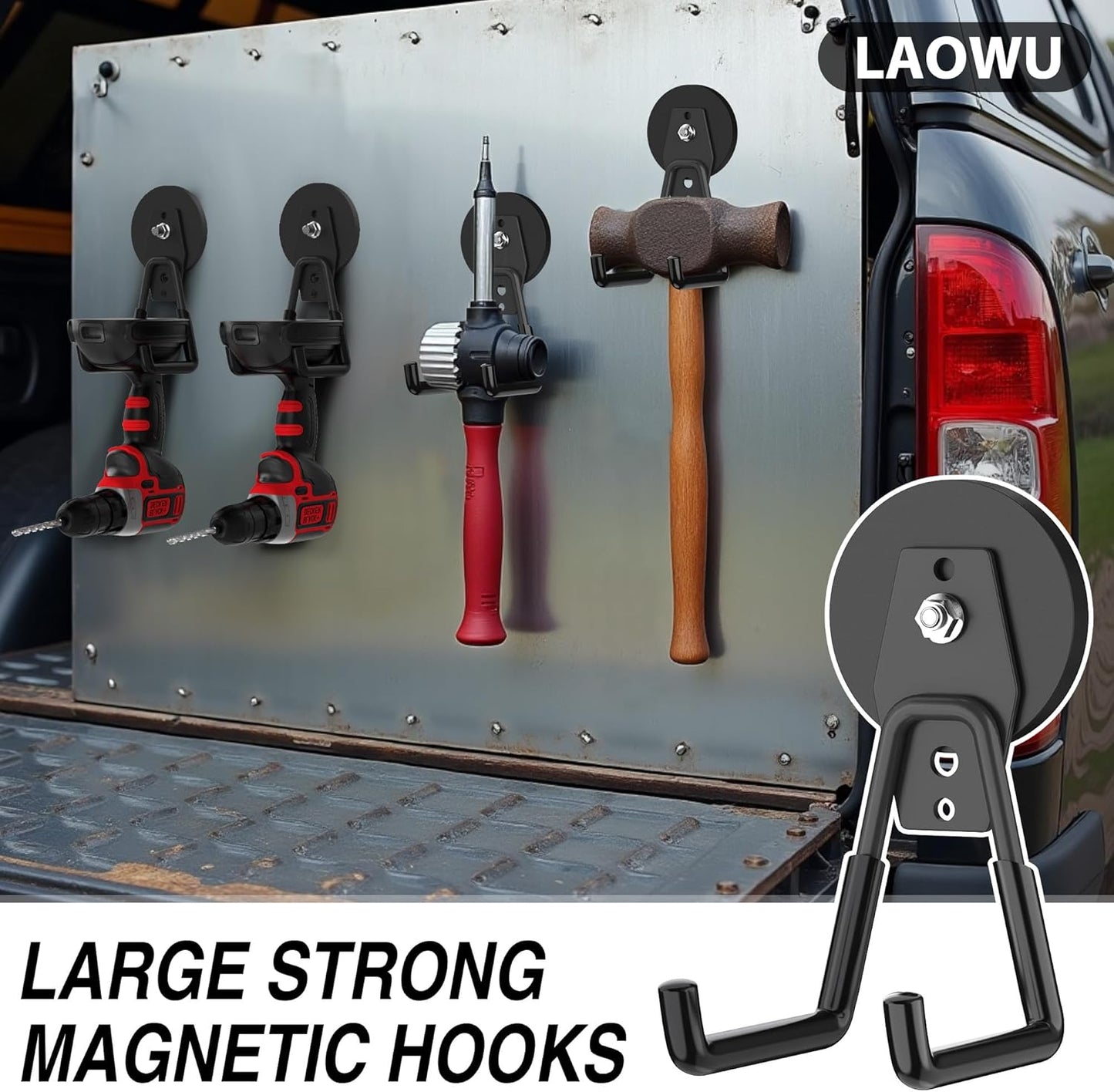 6 Pack Heavy Duty Storage Magnetic Utility Hooks Large Garage Strong Extra Magnet Hooks Hanger with Anti-Slip Coating Heavy Duty Magnetic Hooks for Hanging Power Dril Garage Garden Tools Black