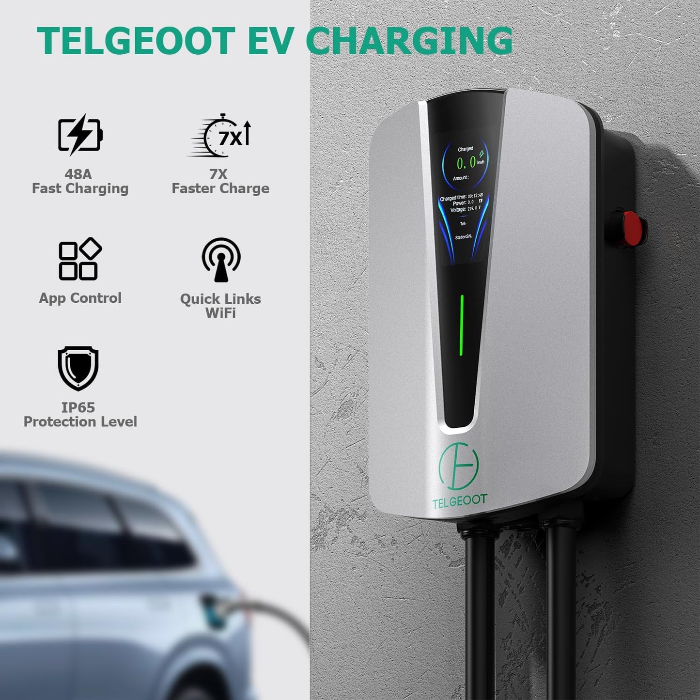 Level 2 EV Charger 48Amp, Indoor/Outdoor Electric Car Charger EVSE SAE J1772, NEMA 14-50 Plug, 25ft Cable, Start Charge Timer, WiFi Enabled