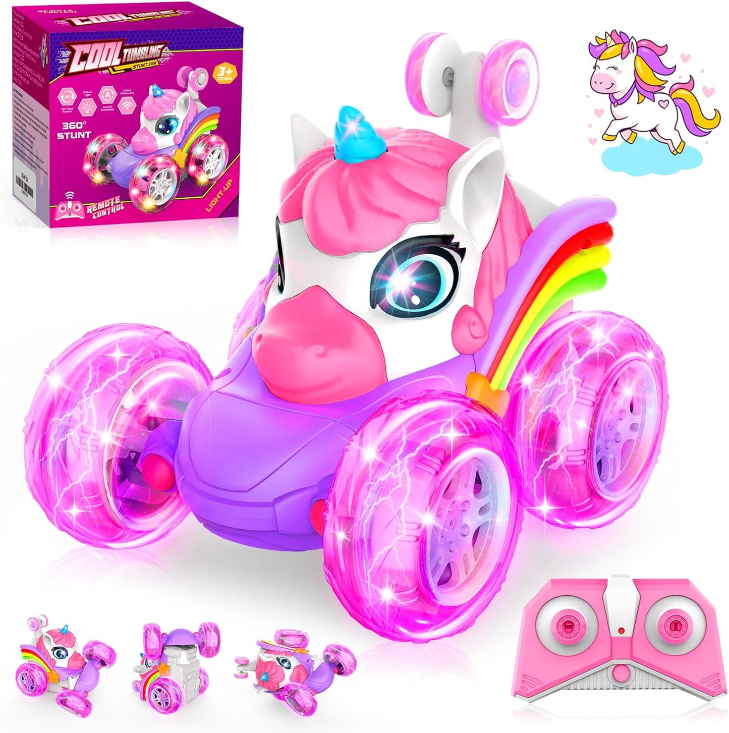 ZIZZ RC Cars for Girl Age 4-8 - Pink Remote Control Car for Girls, RC Stunt Car 360° Rotating Crawler with Headlights Cars Toys for 4 5 6 7 8+ Year Old Girl-Birthday