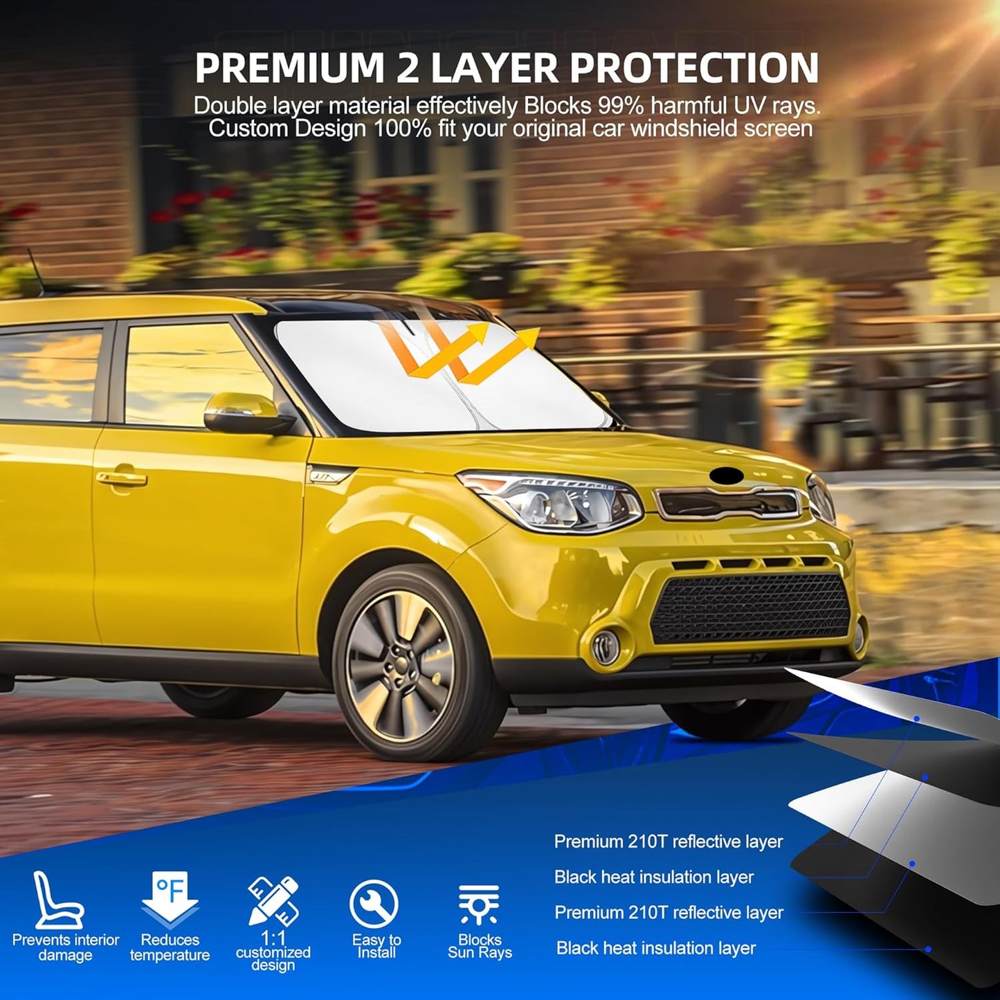 Windshield Sun Shade for Kia Soul 2014-2019 Foldable Sunshade Custom Fit Front Window Car Interior Accessories Protector Blocks UV Rays