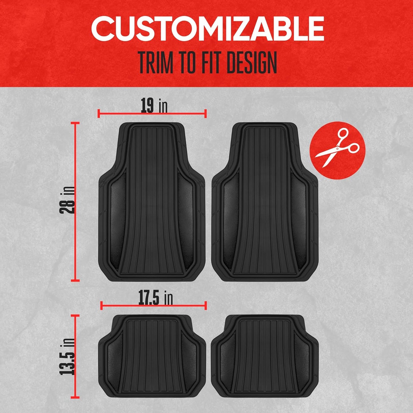 Motor Trend Rubber Car Floor Mats - Durable, All Weather Protection with Non-Slip Backing, Two Tone Accent - For Front and Rear, Black & Gloss Black