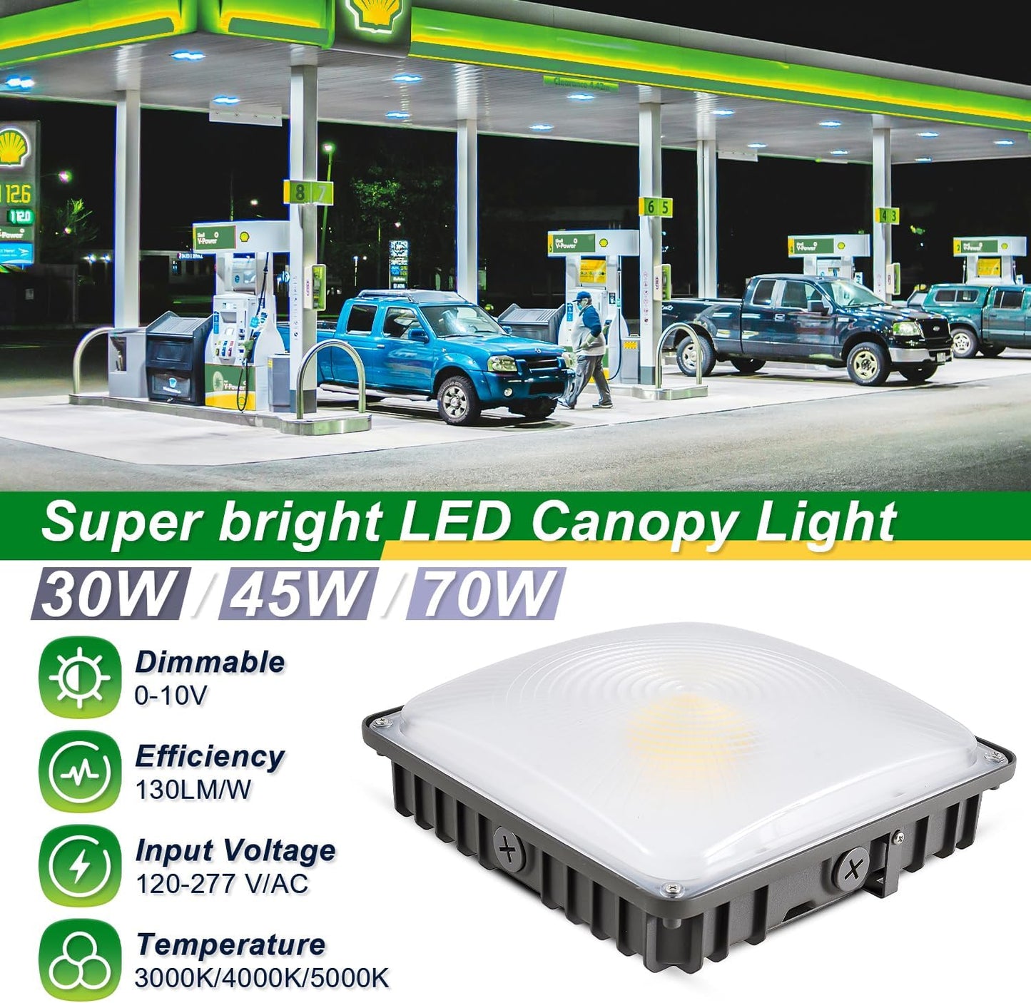 70W/45W/30W Power Selectable LED Canopy Garage Light with 3CCT (3500K/4000K/5000K), LED Parking Garage Lights 90-277V IP65 Commercial Residential Lights DLC (30W/45W/70W Power Selectable -2 PACK)