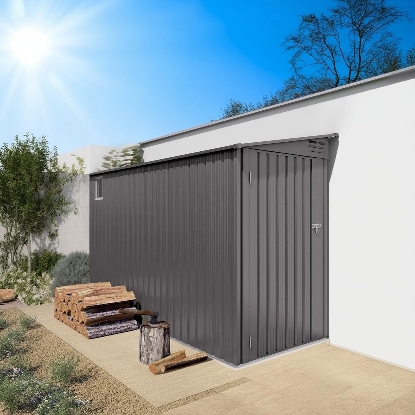 4 x 9 FT Metal Outdoor Storage Shed w/Clear Window, Lean to Storage Sheds with Lockable Door and Air Vents, All Weather Waterproof Garden Tool House for Backyard, Patio, Lawn, Gray