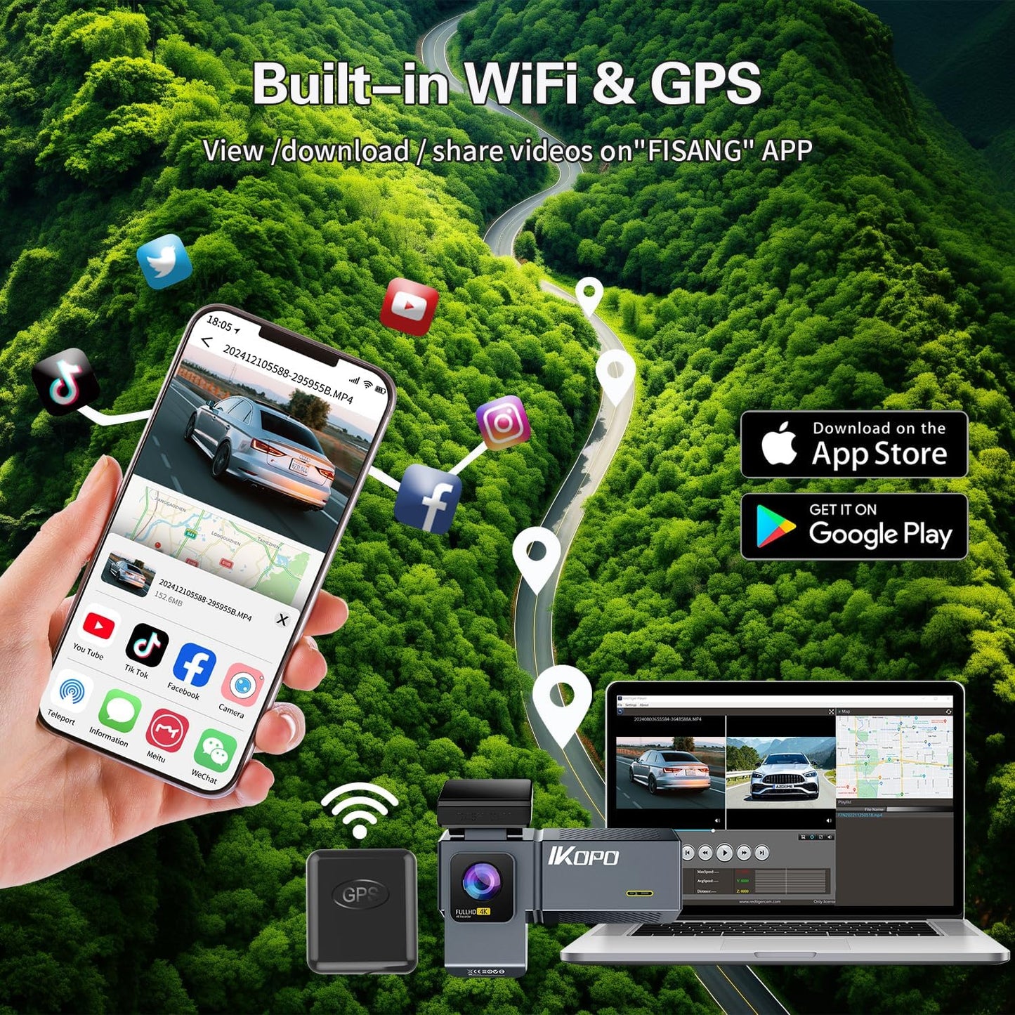 4K Dash Cam Front and Rear and Inside, UHD 2160P Night Vision 3 Channel Dash Camera for Cars, 3.16'' IPS Screen Dual Dashcam with Speed Recording, App Control,24H Parking Mode,G-Sensor