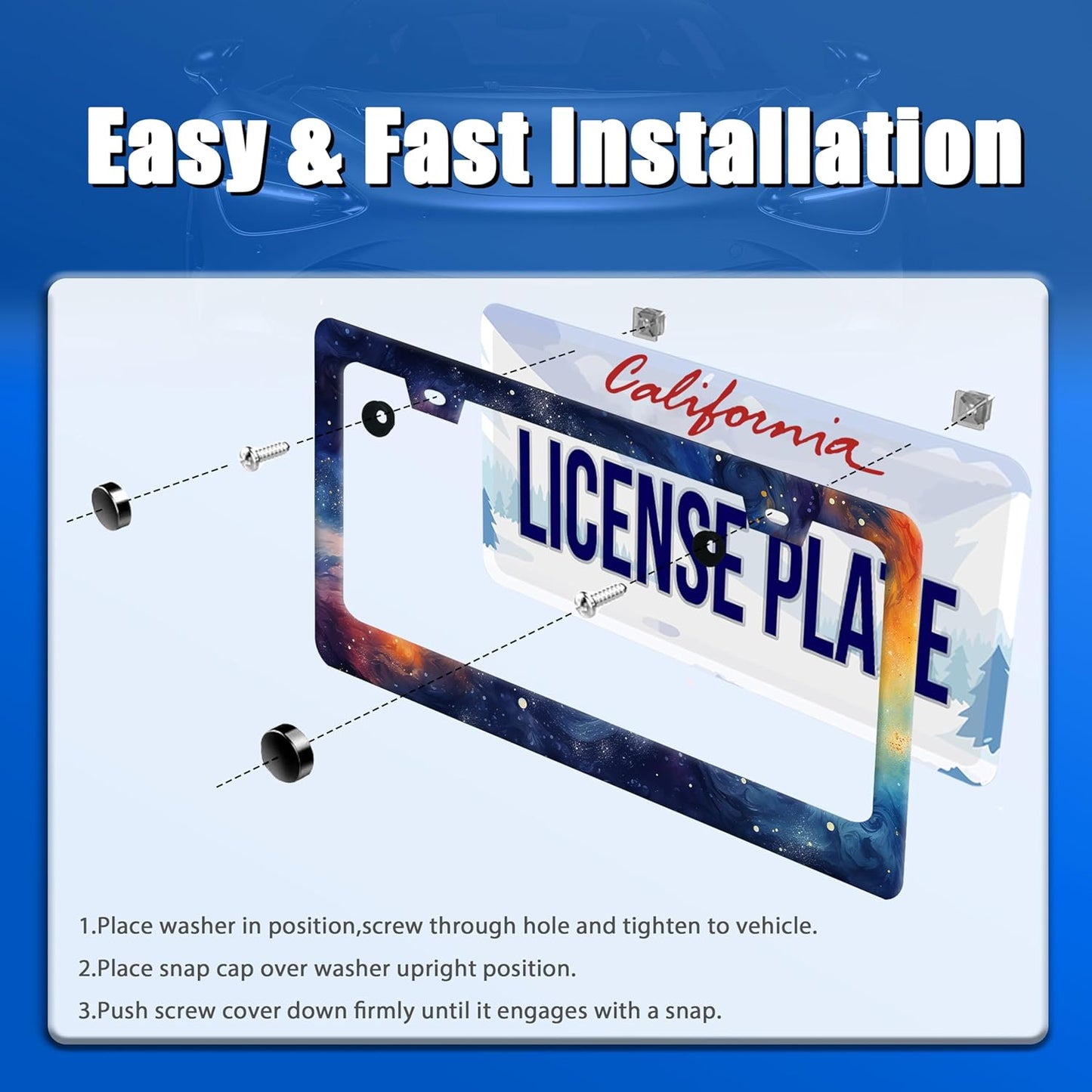 Watercolor Galaxy License Plate Frame Colorful Starry Sky License Plate Stainless Steel Funny License Plate Holder Men Women Galaxy Car Accessory Decoration 12.3" x 6.3"
