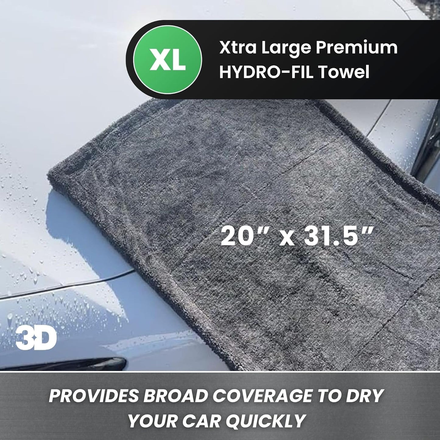 3D Hydro-FIL XL | Professional Grade Microfiber Towel | Extra Large 20” x 31.5” | Highly Absorbent | Premium Drying Cloth for Car Detailing (Grey)