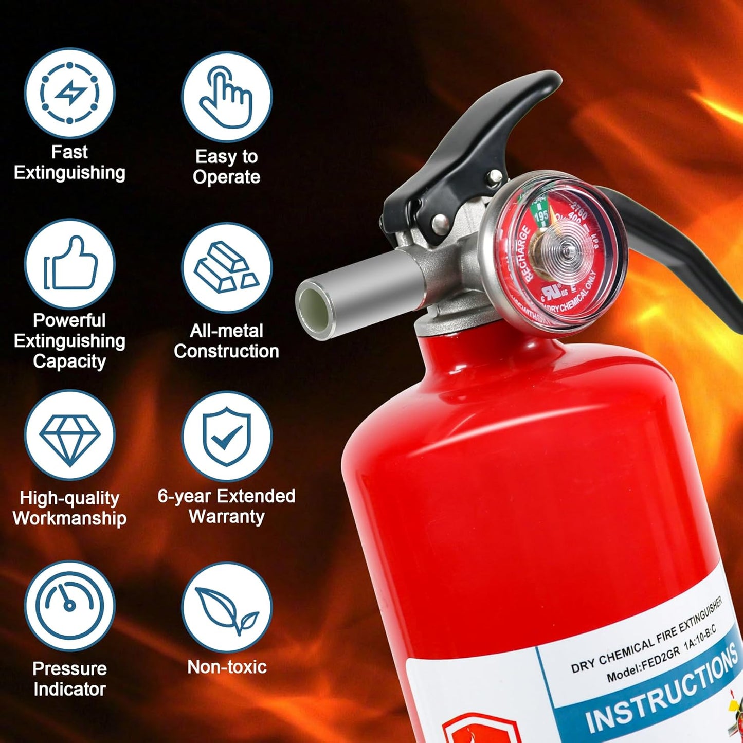 1 Pack Dry Chemical Fire Extinguisher 2.5 lb ABC, Home, Car, Boat Use, 1A:10B:C Rating, Quick Release Handle, Easy to store and Carry Dry Powder Extinguisher