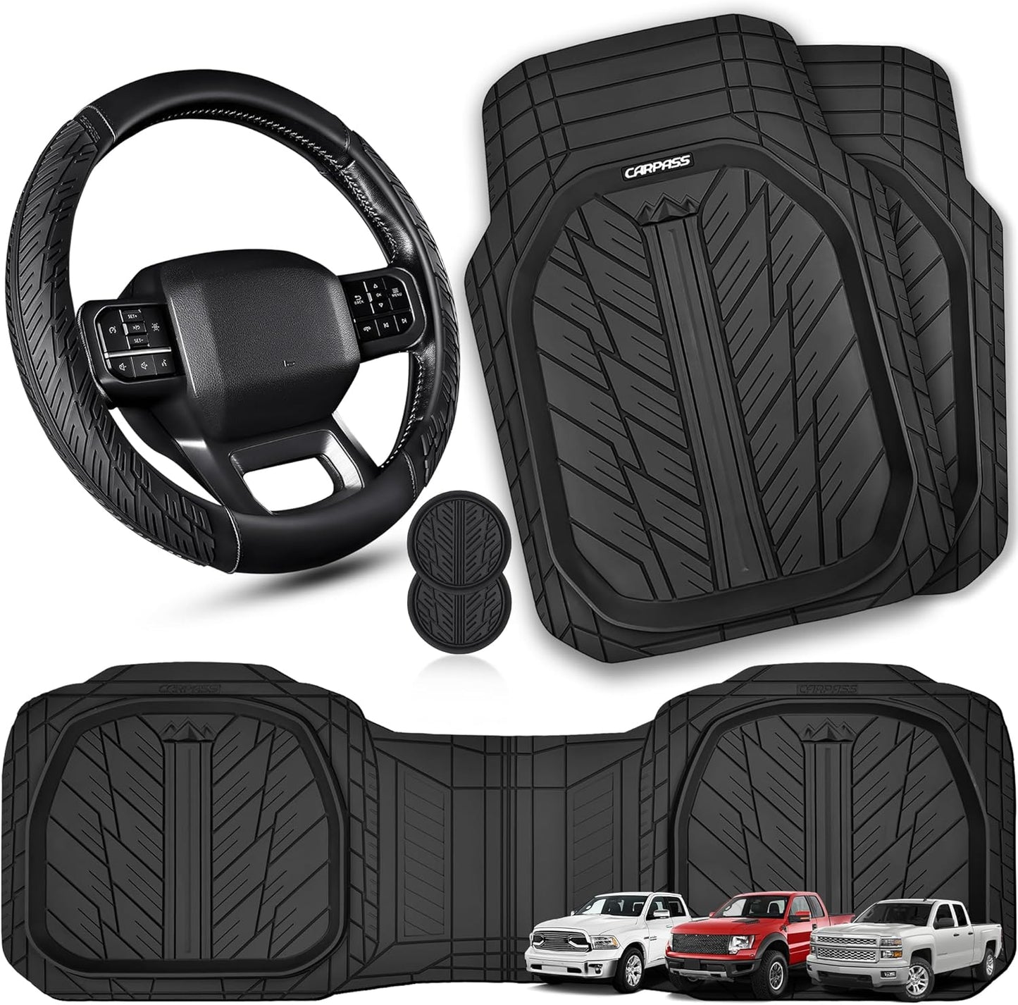 CAR PASS Rubber Leather Steering Wheel Cover Large-Size 15.5-16 Inches Fit for Truck SUV Large Car Ram F150 Tundra 4Runner Tacoma, XXL Heavy Duty Deep-Dish Car Floor Mats, Trim-to-Fit Car Mat Black