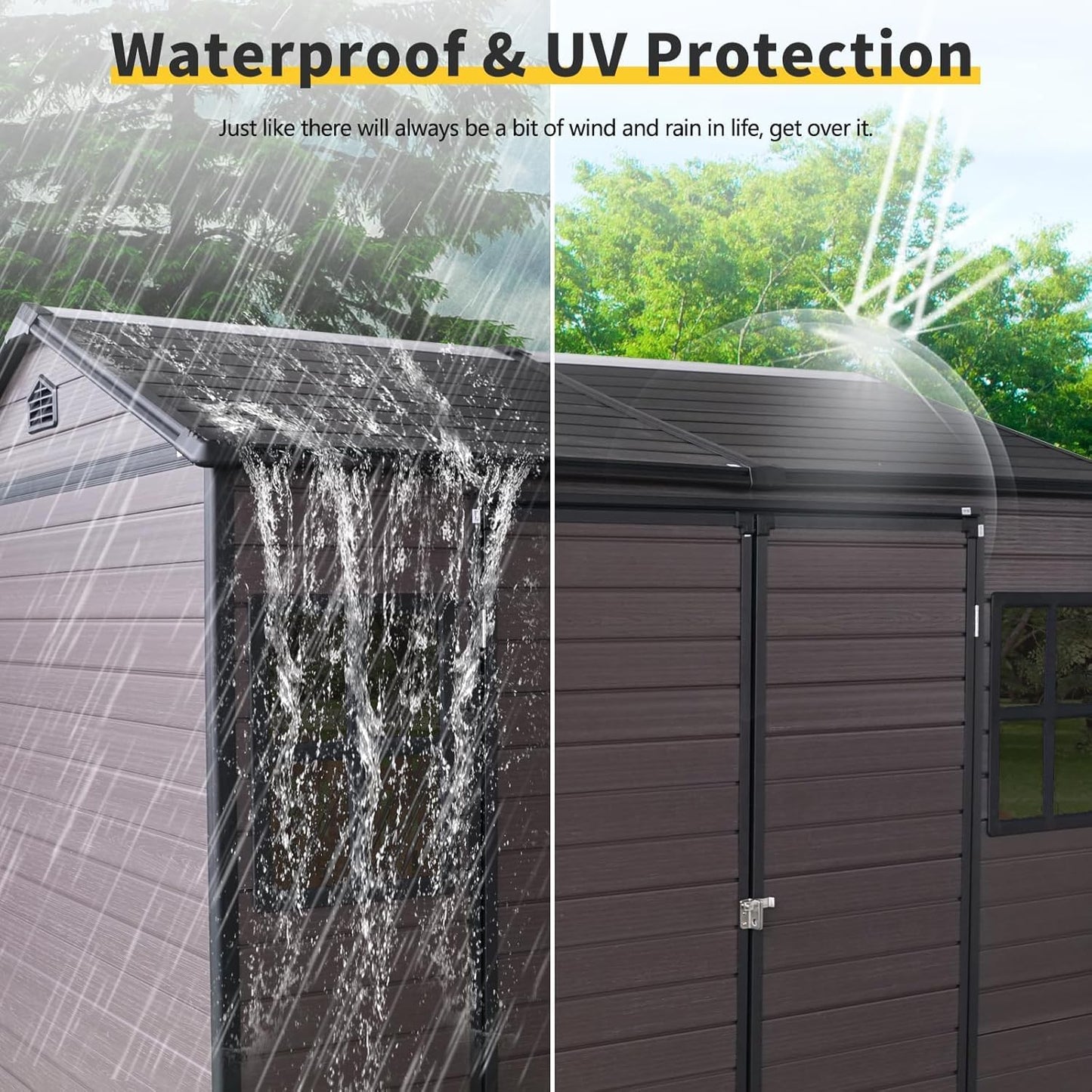 8x6 FT Outdoor Storage Shed, Resin Garden Shed with Thick Floor, Plastic Storage Shed with 2 Windows, Waterproof Outside Tool Shed with Lockable Hinged Doors for Backyard, Patio, Lawn, Brown