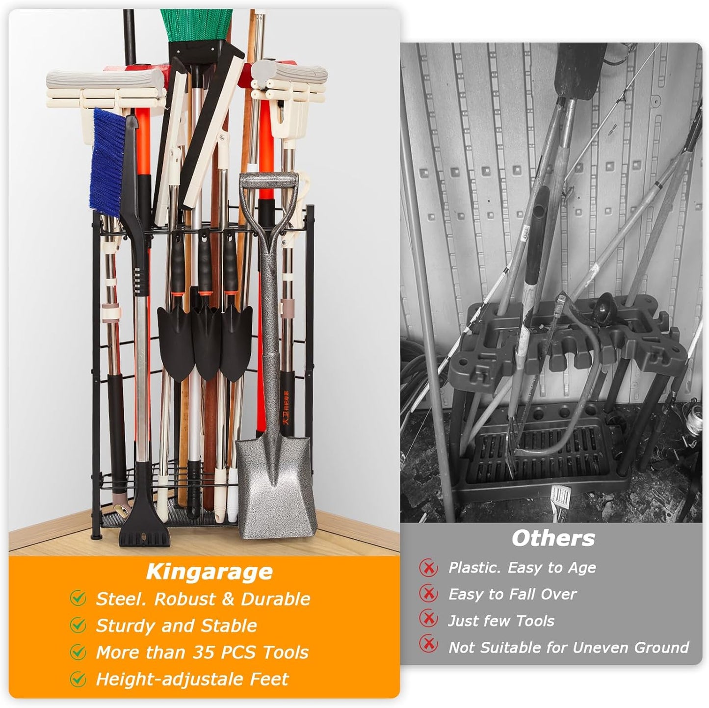 Garden Tool Organizer for Corner, Holds 35 Long-Handled Tools/Rakes/Brooms/Shovles for Garage Organization and Storage, Shed, Outdoor, Lawn, Heavy-Duty Steel, Black, Easy Assembly (Triangle Organizer)