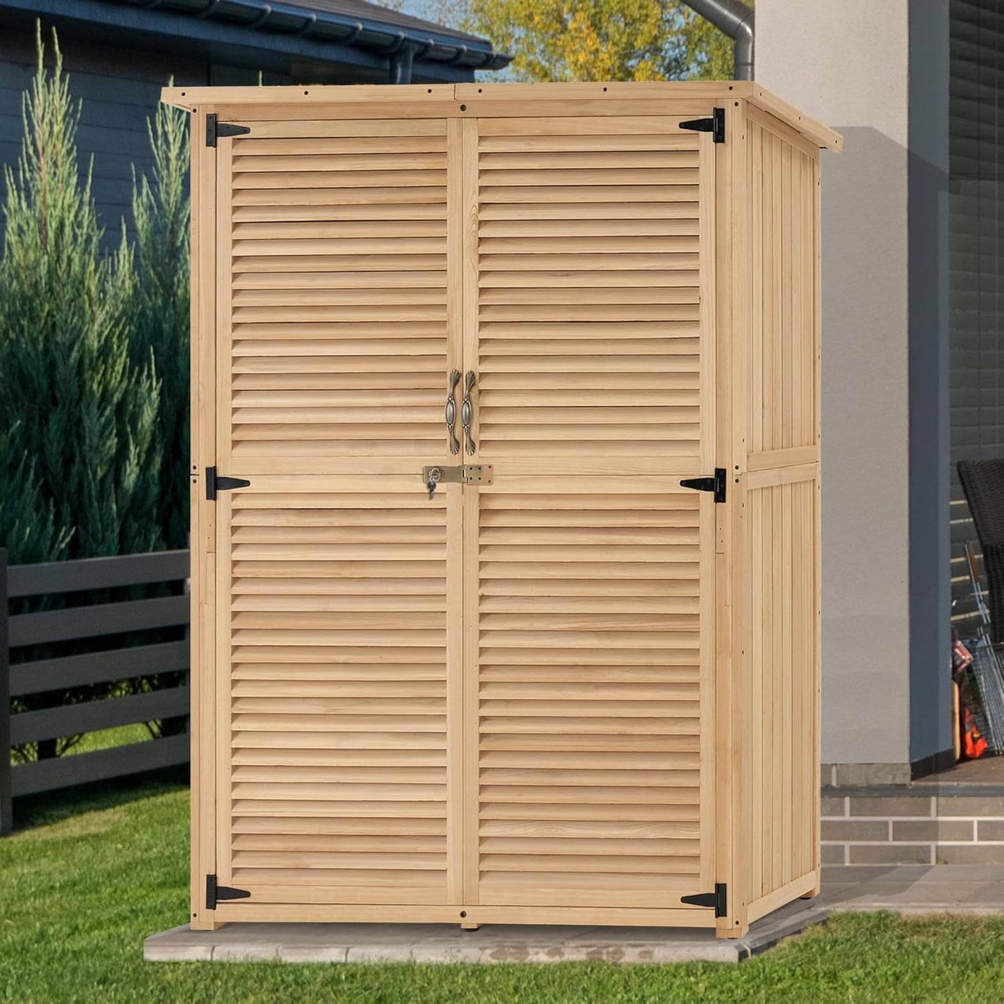 MCombo Outdoor Storage Cabinet, Wooden Storage Shed with Latch, Outside Garden Tool Shed with 2 Doors for Patio Yard Lawn, 1900 (Natural, Large)