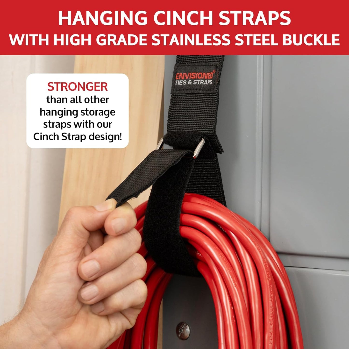 Heavy Duty Hanging Storage Cinch Straps with Metal Buckle (4 Pack, 1.5" x 15") - Electrical Extension Cord & Garden Hose Holder, Cable Management, Storage Organizer in Garage, Workshop - ENVISIONED