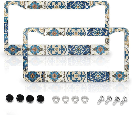 Boho Mexican Tile License Plate Frames - 2 Pcs Set 2 Holes Metal Aluminum Auto Car Accessories Decoration License Plate Frame 12.2 x 6.3 inch for Women Men Gift