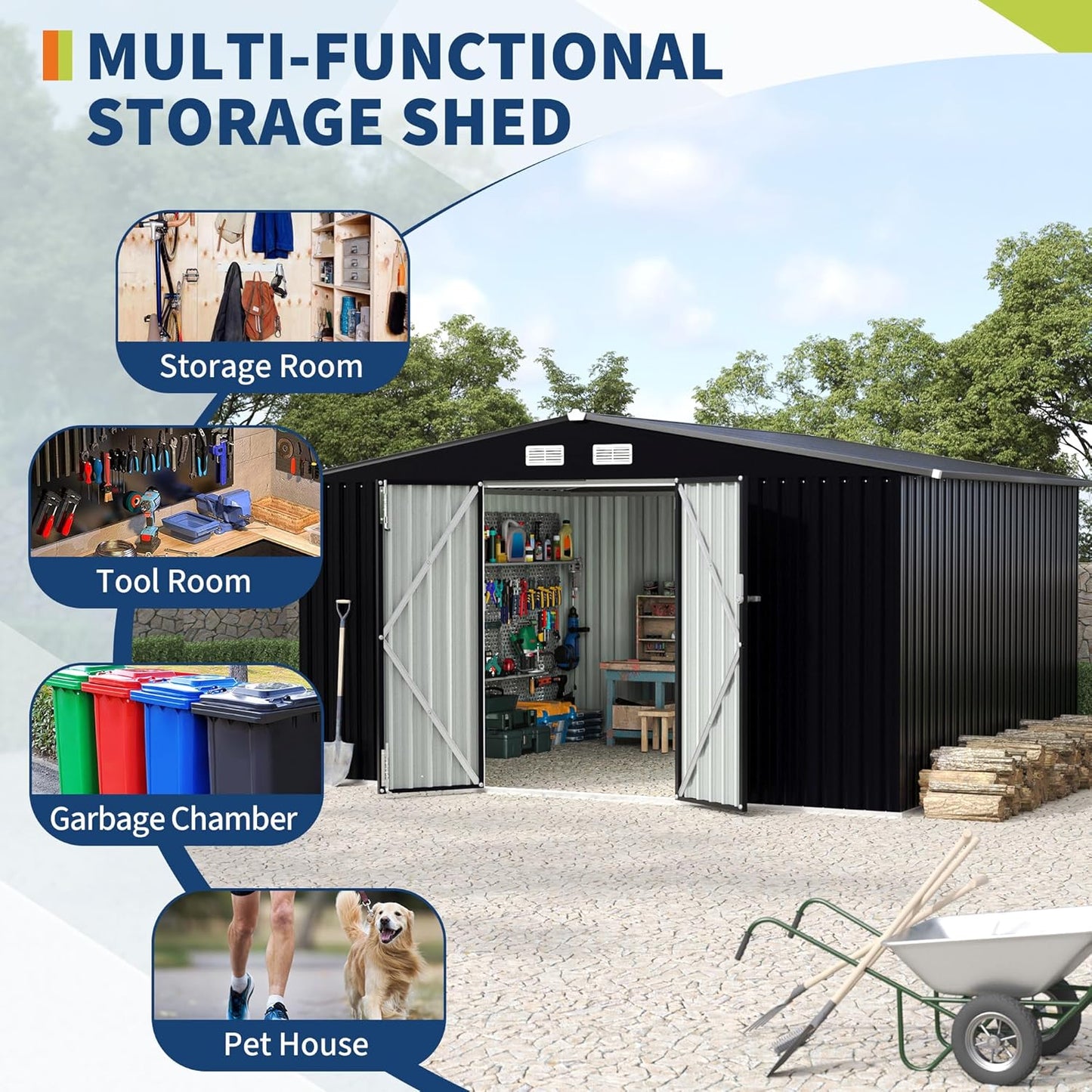 8x10 FT Metal Storage Sheds Outdoor with Floor, Metal Yard Sheds Garden Shed Kit, MetalTool Shed with Lockable Door, Metals UtilitySheds Buildings with Air Vent for Backyard Garden Patio Lawn