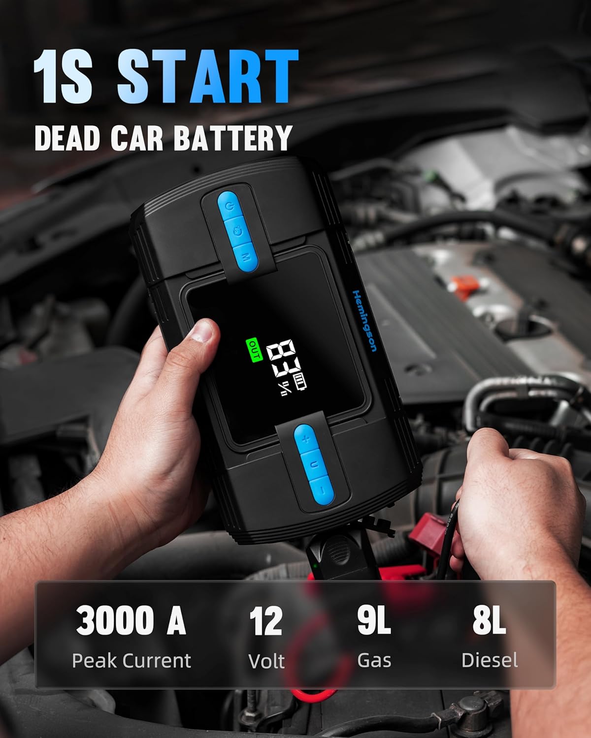 Jump Starter with Air Compressor, 3000A 160PSI Car Battery Jump Starter for 9.0L Gas & 8.0L Diesel Engines, 12V Portable Car Jumper with LCD Display & 4-Mode LED Flashlight