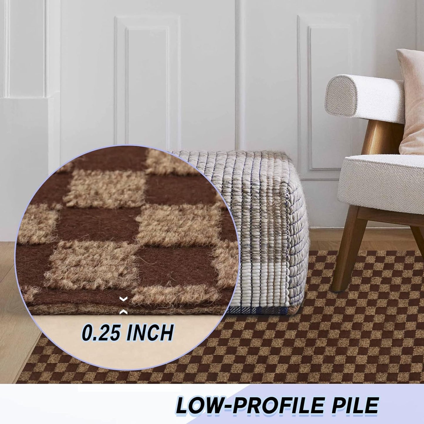 Custom Size Backed Non-Slip Area Rugs Runner, Easy Clean, Waterproof Runner Rugs for Hallway Entryway, Kitchen, Laundry, 2FT x 41FT, Brown Checkered