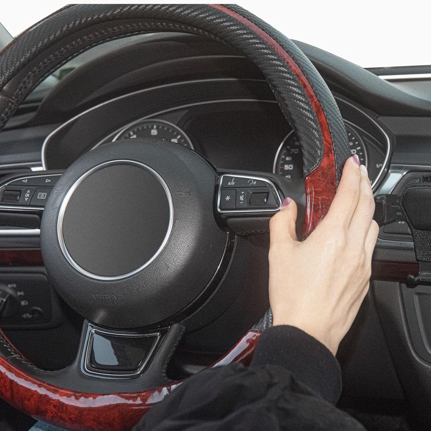 Xizopucy Wood Grain Steering Wheel Cover Red Universal Microfiber Leather, Suitable for 14 1/2-15 inch Comfortable Anti-Slip, Good Breathable and Odorless Car Steering Wheel Cover…