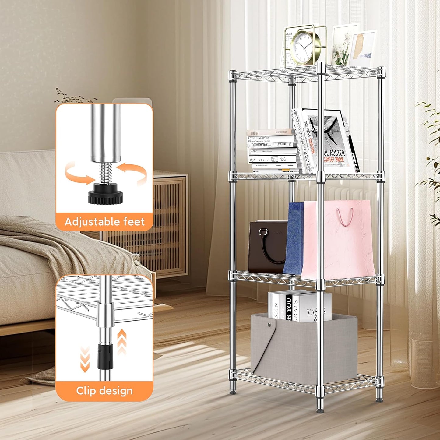 4 Tiers Shelf Metal Storage Shelves Wire Rack Closet Organizers with Wheel for Garage Kitchen Bathroom Laundry Chrome 11.8" D x 17.7" W x 41.9" H